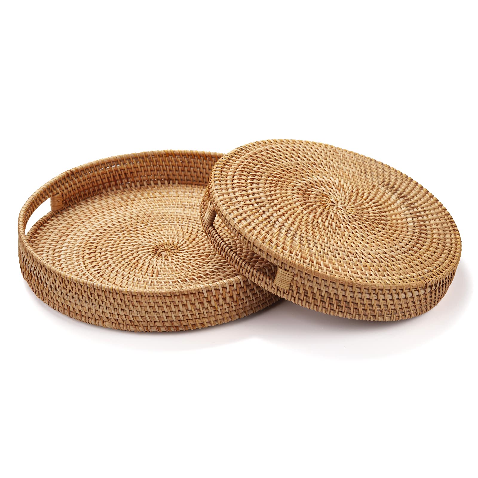 Rattan Round Serving Tray  Hand Woven Serving Basket with Cut - Out Handles  Wicker Fruit/Bread Serving Basket (11.8 + 14.2 inch)