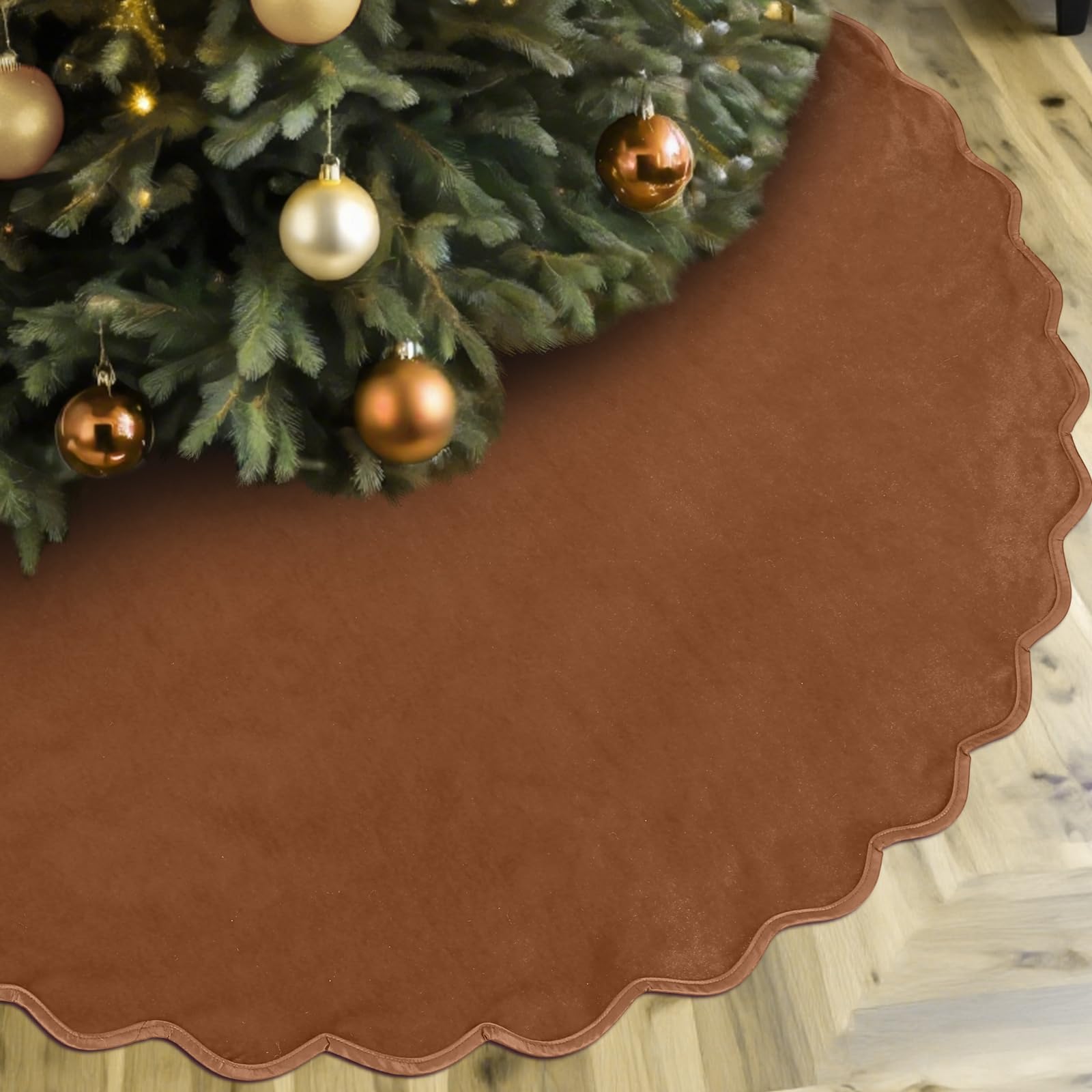 RoundFunny Brown Christmas Tree Skirt 48 Inches Neutral Velvet Christmas Tree Skirts Modern Scalloped Edge Xmas Decorations Mini