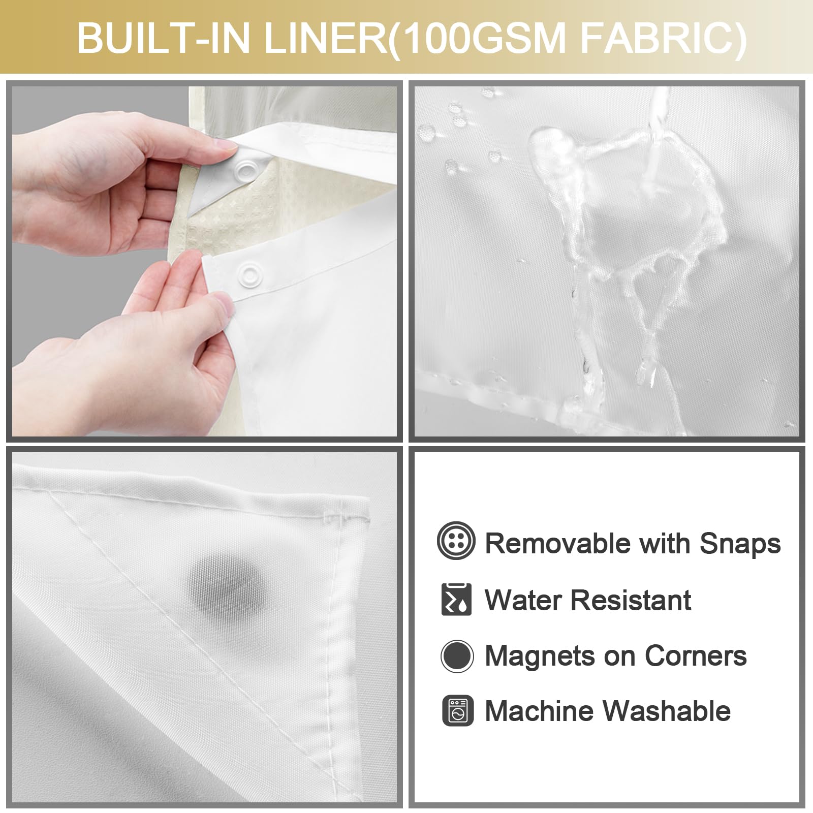 Yellyhommy No Hook Shower Curtain With Snap In Liner Set Less Waffle Shower Curtain For Bathroom (Cream, 81'' L X 72'' W)