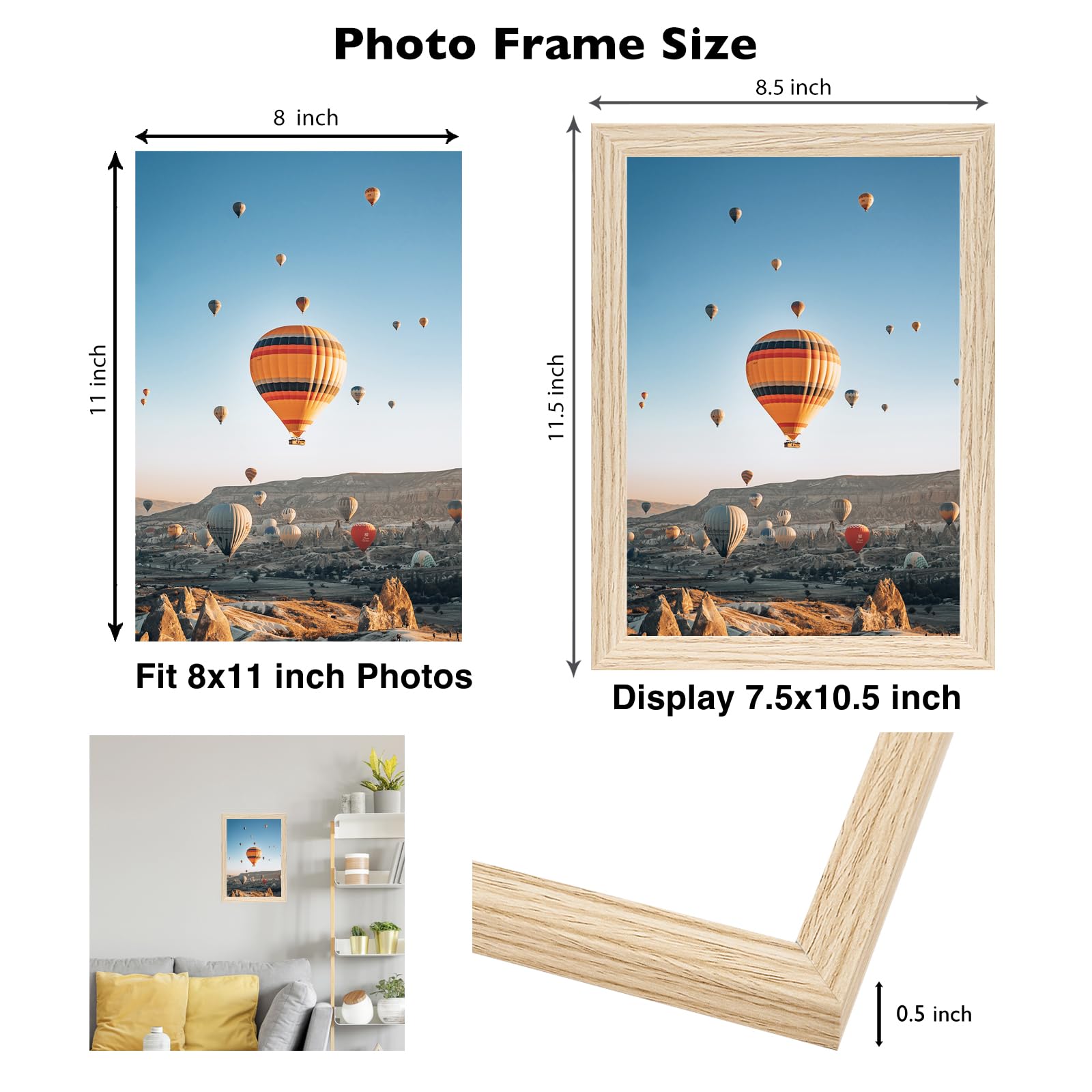 JCJMY 8x11 Picture Frame for Wall Hanging or Tabletop, Wall Mounting Horizontally or Vertically, 8 x 11 Wall Gallery Poster Phot