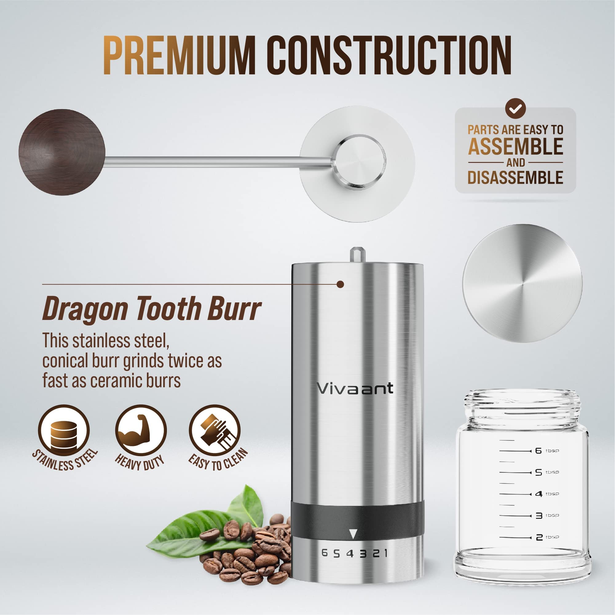 Vivaant Manual Coffee Grinder - Hand Coffee Grinder With Adjustable Dragon Tooth Stainless Steel Conical Burr, No-Power, Manual