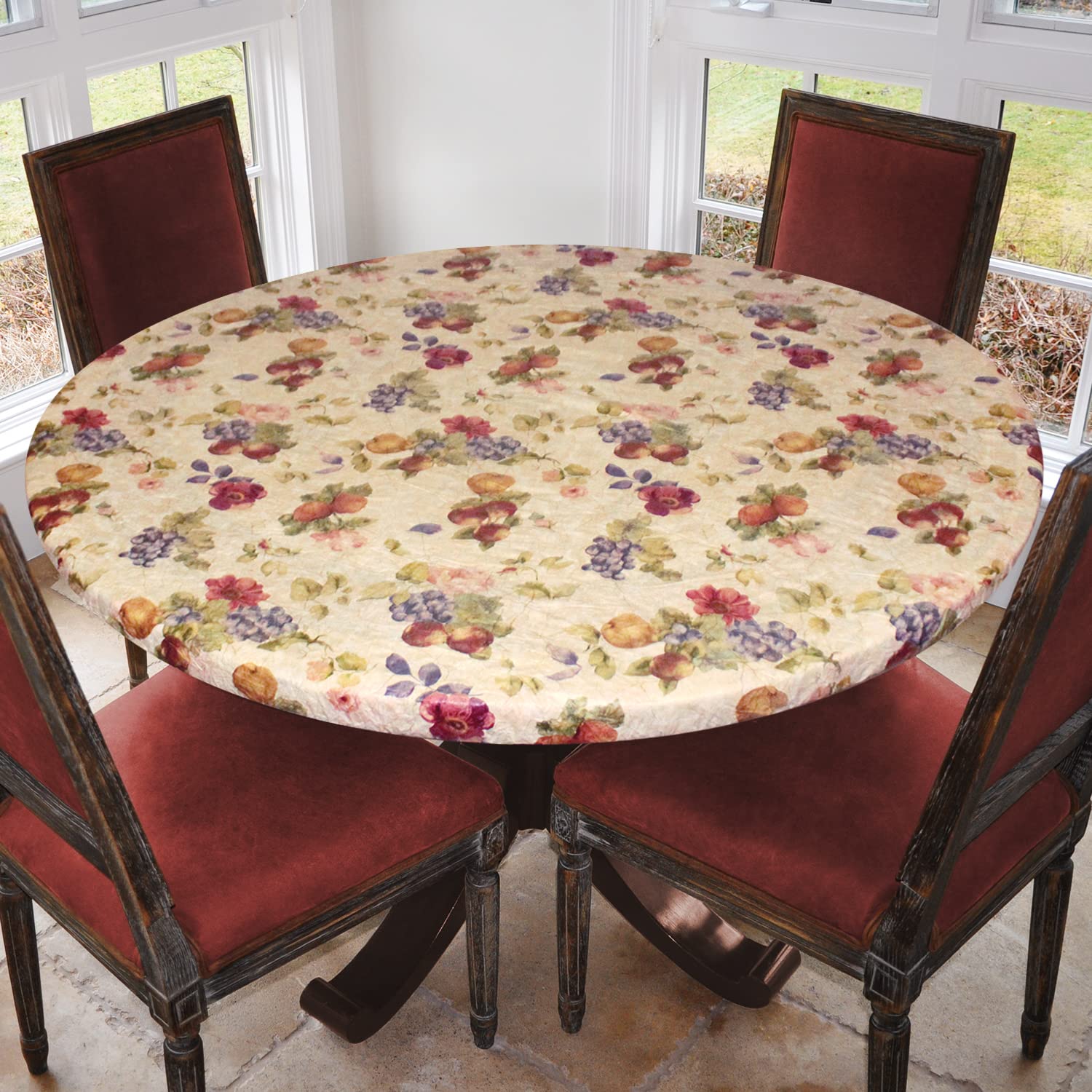 Covers For The Home Deluxe Elastic Edged Flannel Backed Vinyl Fitted Table Cover - Antique Fruit Pattern - Large Round - Fits Ta