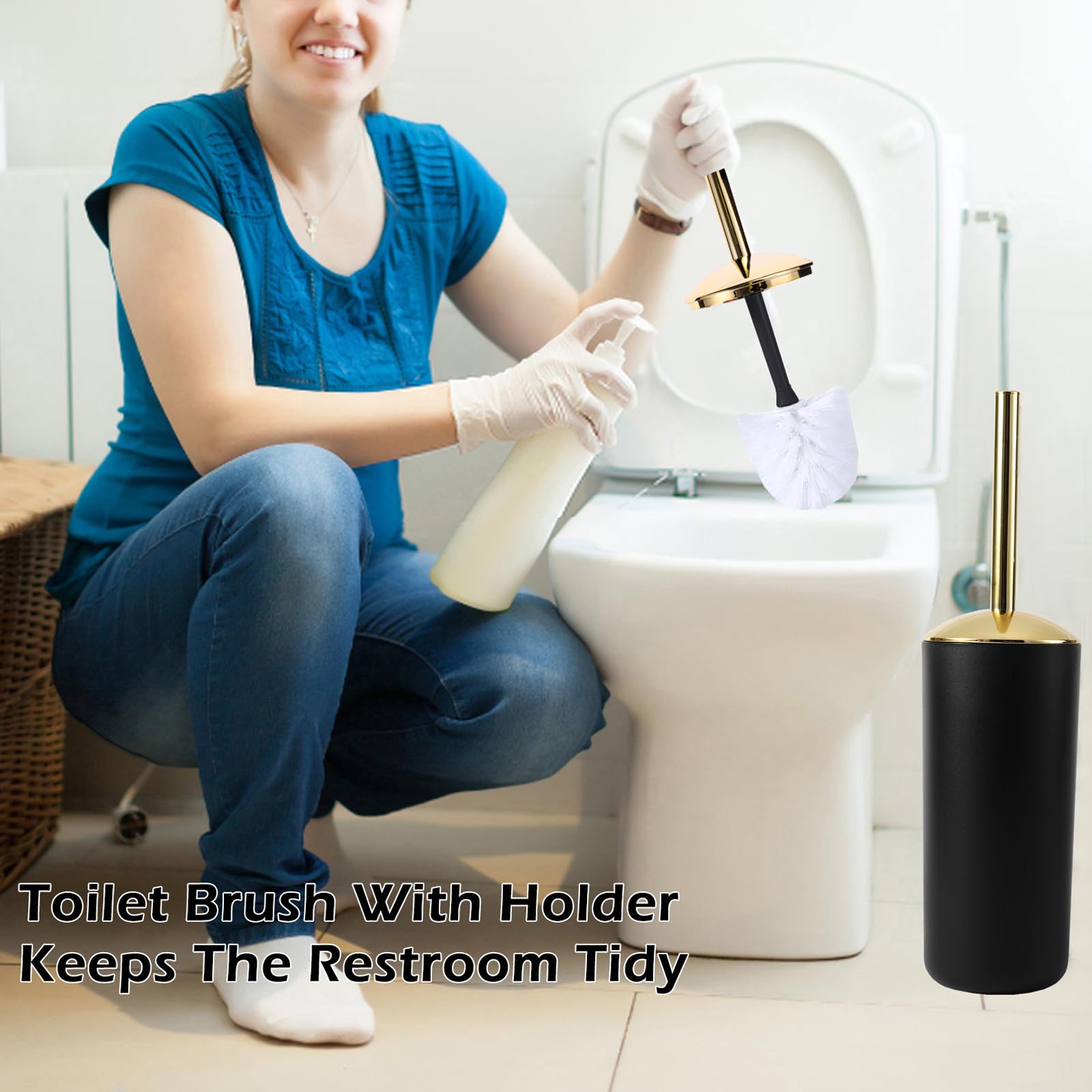 9Pc Black And Gold Bathroom Accessories Set - Trash Can, Soap Dispenser Set, Soap Dish, Toilet Brush With Holder, Toothbrush Hol