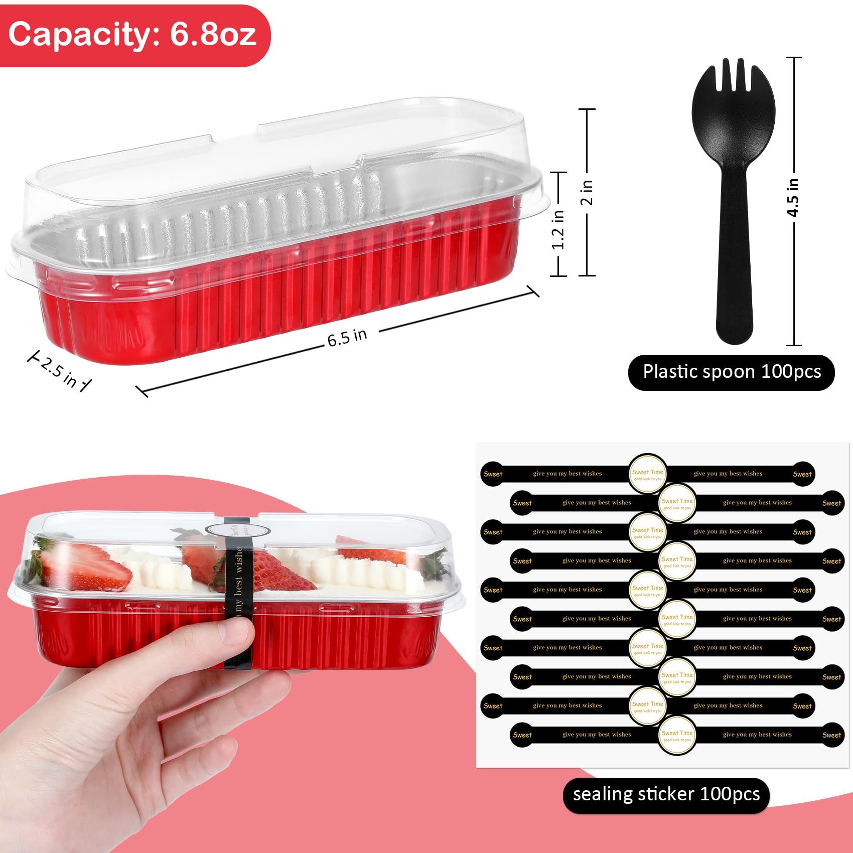 EgticHome Mini Loaf Pans - 100 Pack, Red Aluminum Foil Baking Pans, 6.8oz, with Lids and Spoons