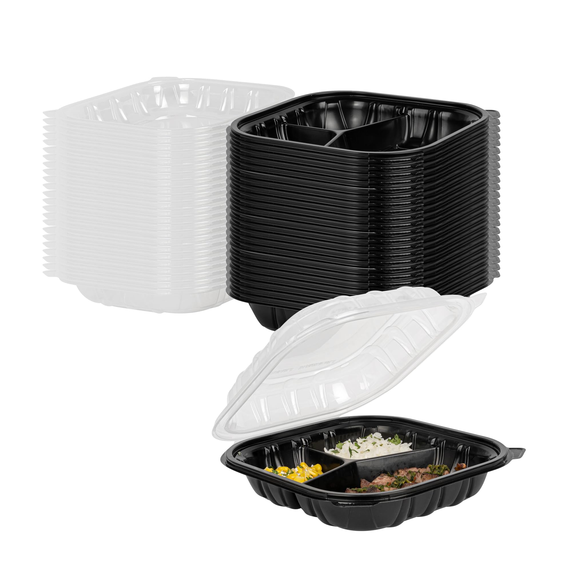 Thermo Tek 40 Ounce Clamshell Containers, 50 Disposable Take Out Boxes - 3 Compartments, Ventilated Lids, Black Plastic Meal Pre