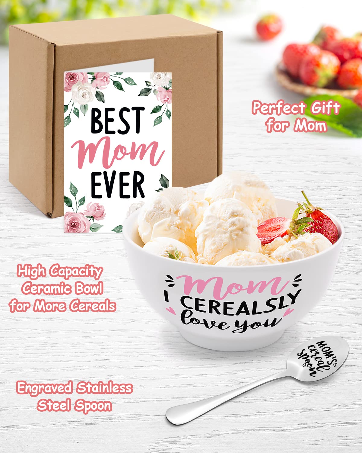 Mom'S Cereal Bowl And Spoon Set With Best Mom Ever Greeting Card Christmas Mother'S Birthday Engraved Gift Box Basket Idea For H