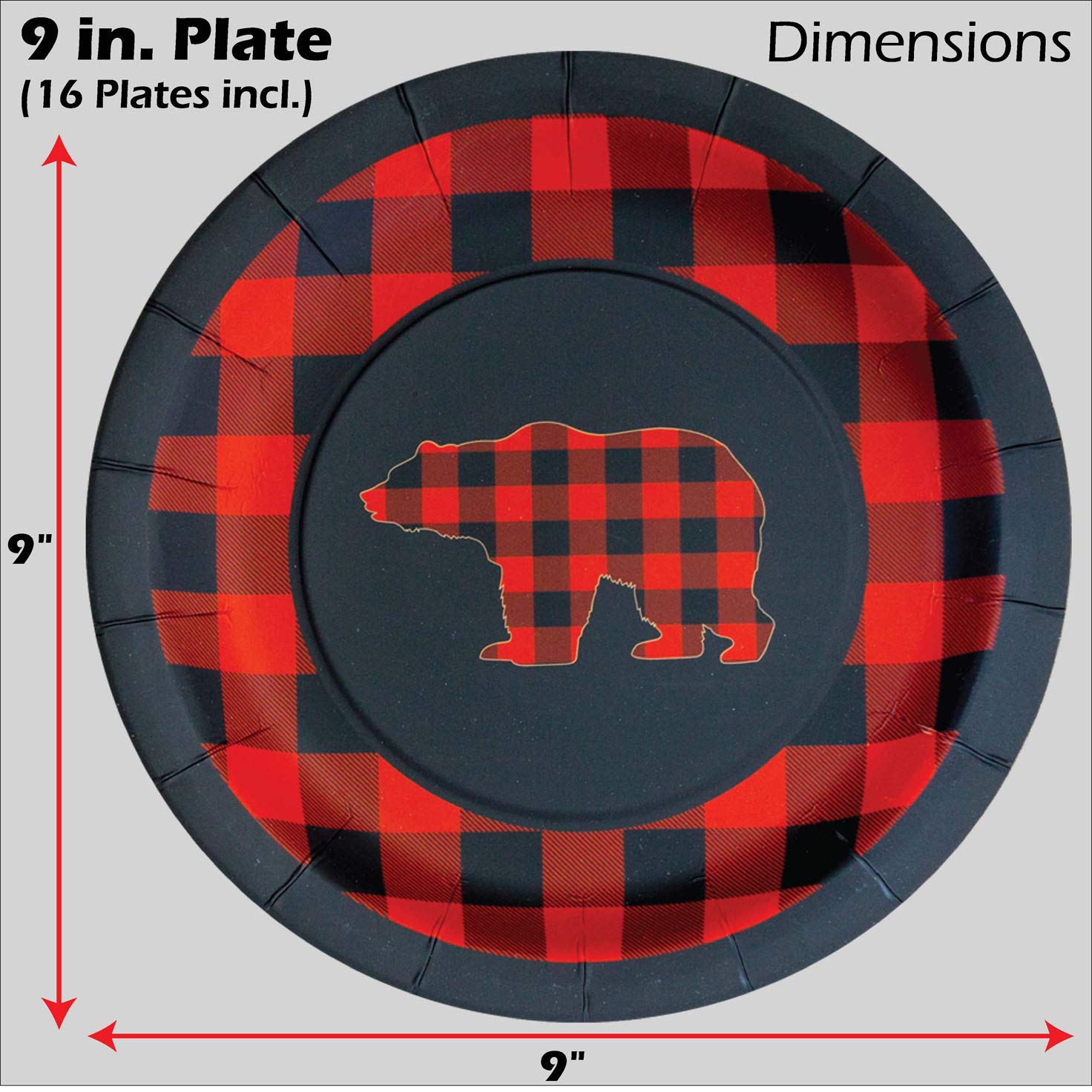Buffalo Plaid Bear Party For 16 Guests! Includes 16 Ea. Bear 9 In. Dinner Plates & Beverage Napkins, 24 Bear Party Picks, 1 Lg.