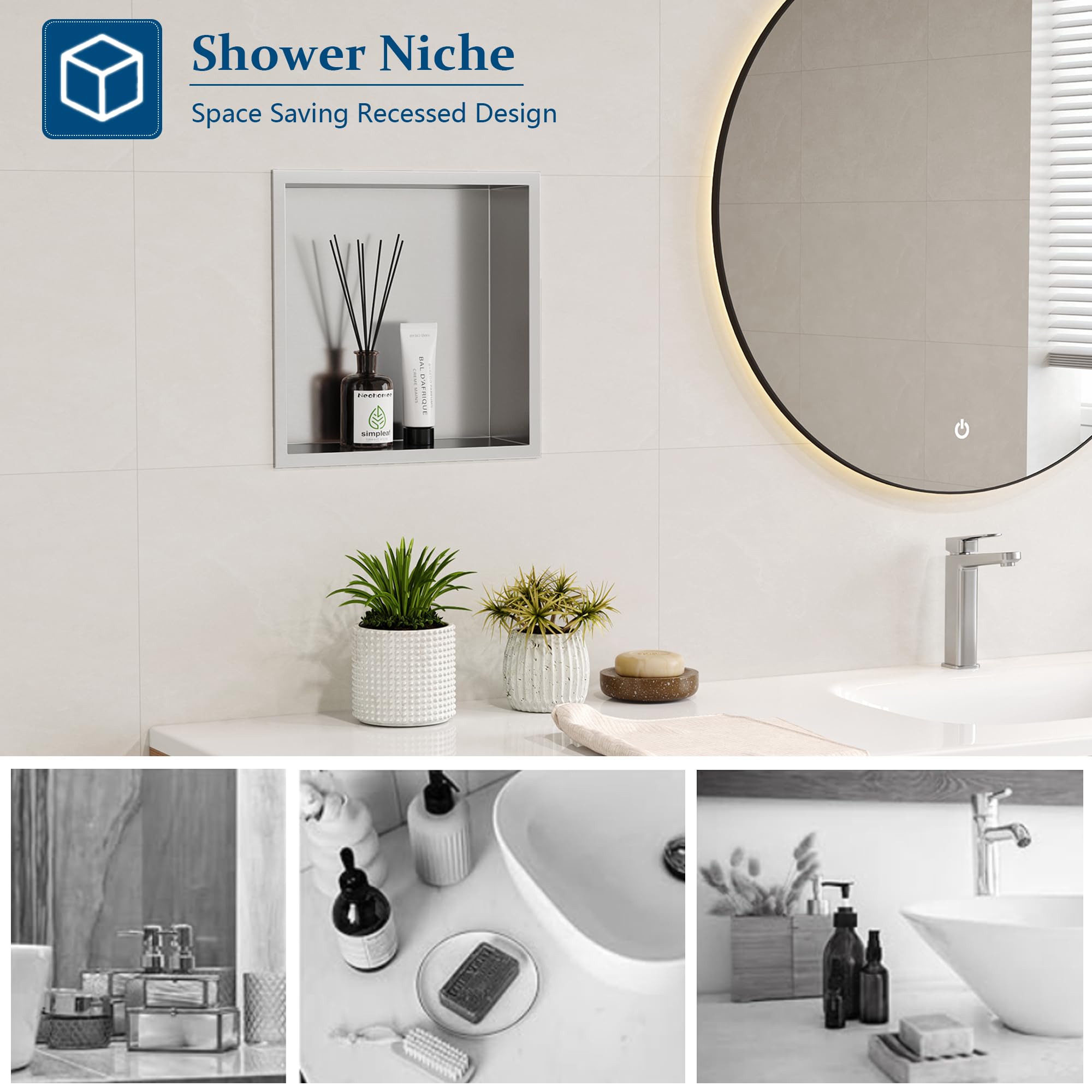 Neodrain No Tile Shower Niche, Bathroom Shelf Inner Size 12'' X 12'', Brushed Stainless Steel Bathroom Wall Niche Cubby, No Tile