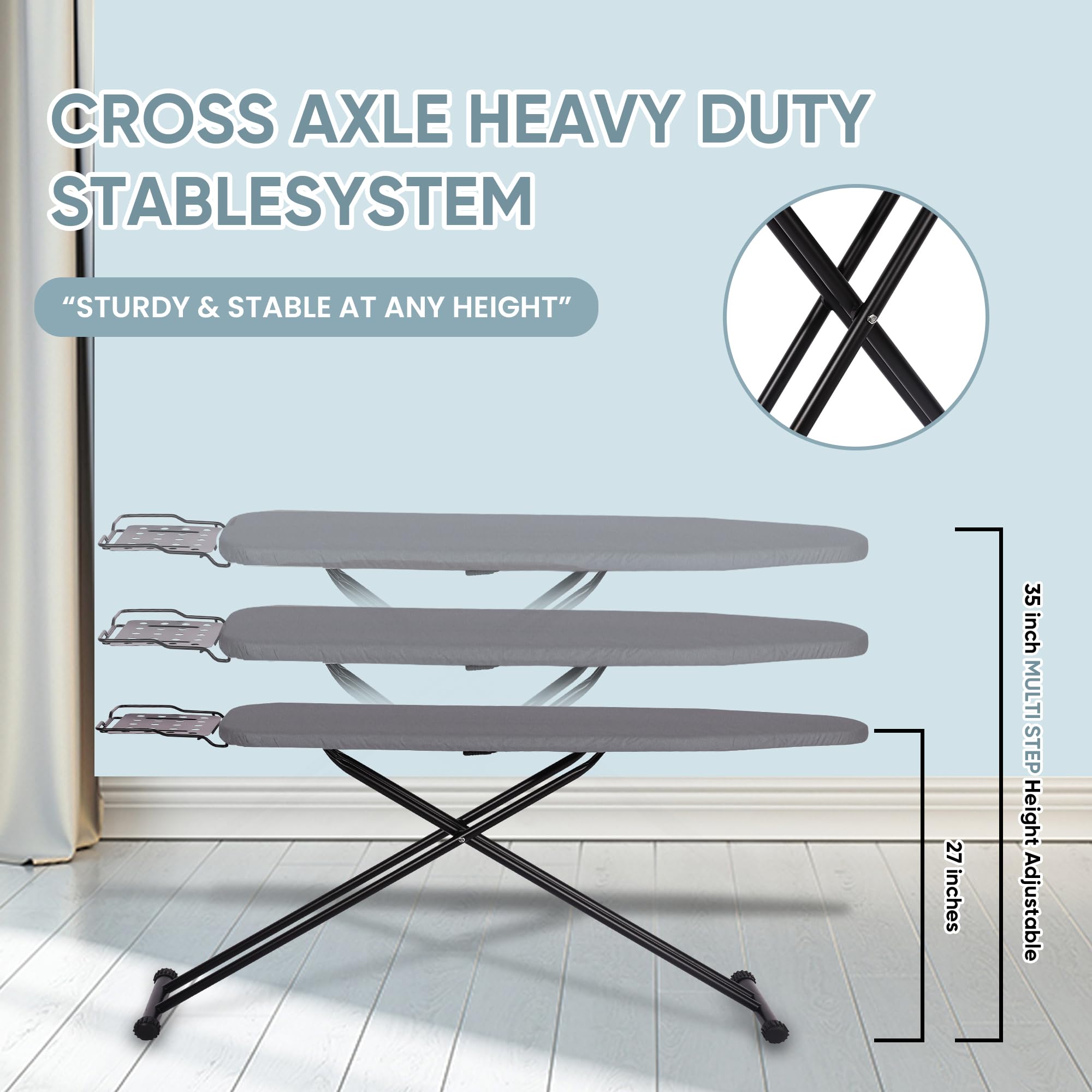 Jakeefud Deluxe Ironing Board With Heat Resistant Cover And Thicken Felt Pad, Heavy Sturdy Legs,Full Size Hanger Iron Board,Fold
