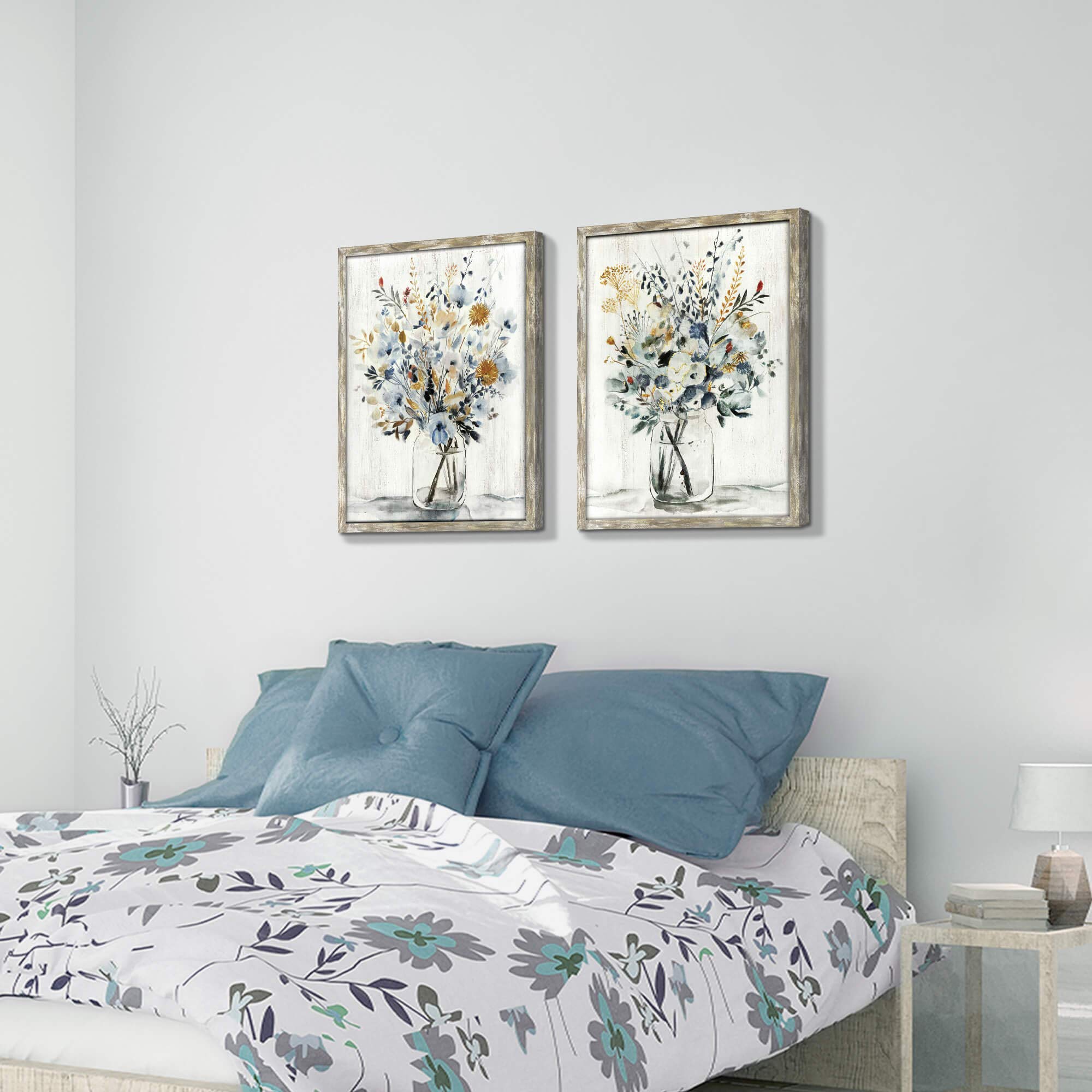 Floral Picture Wall Art Painting: Blossom Bouquet Flowers Print On Rustic Wood And Handcrafted Wooden Framed Artwork For Home An