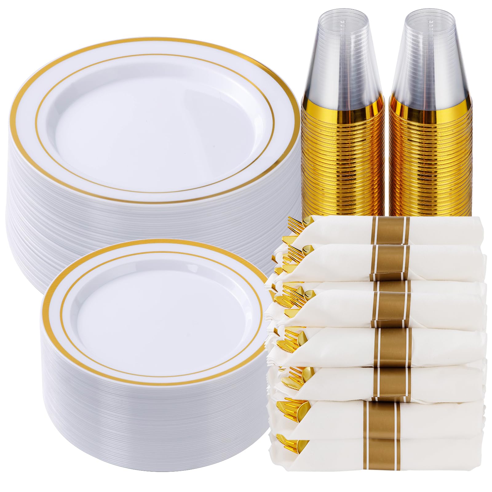 Goodluck 350 Piece Gold Plastic Dinnerware Set For 50 Guests, Fancy Disposable Plates For Party, Include: 50 Dinner Plates, 50 D