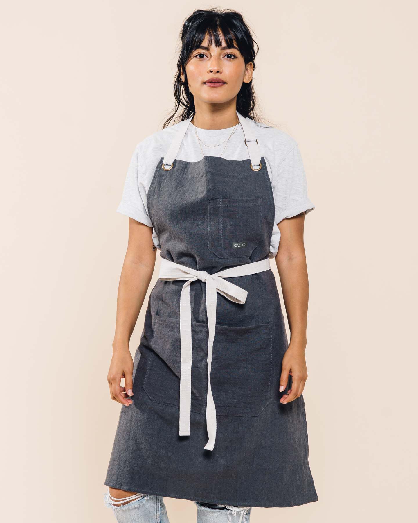 Caldo Linen Kitchen Apron For Cooking- Mens And Womens Linen Bib Apron For Professional Chef, Server, Or Barista - Adjustable Wi