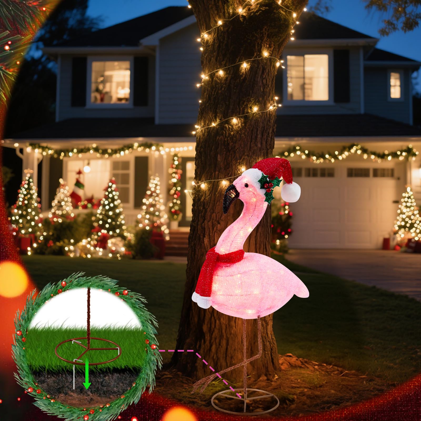 Flamingo Christmas Decorations, 28 Inch Lighted Pink Flamingo Outdoor Christmas Holiday Yard Display, Pre-lit with LED Lights fo