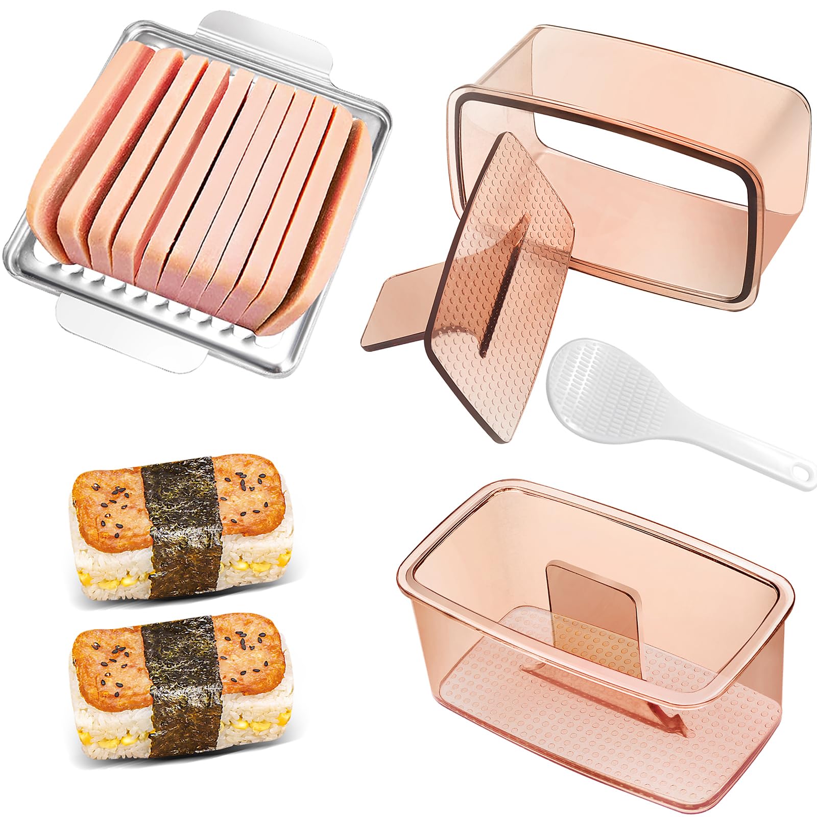 Musubi Press Mold, 2 Pack Onigiri Mold Hawaiian Musubi Maker Kit with 304 Stainless Steel Luncheon Meat Slicer for SPAM