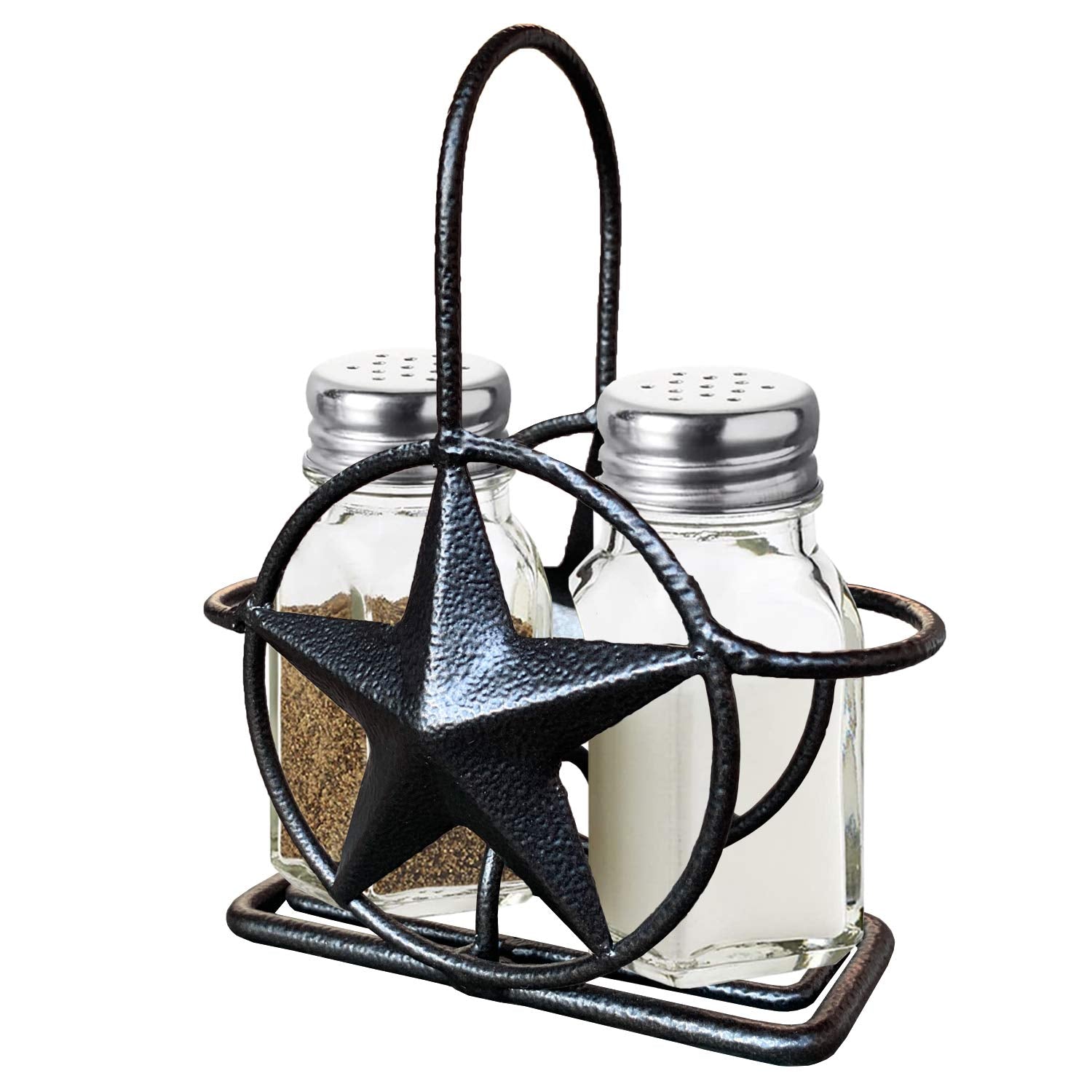 Black Rustic Texas Star Salt And Pepper Holder - Country Farmhouse Iron Metal Primitive Kitchen Countertop Holders, Western Styl