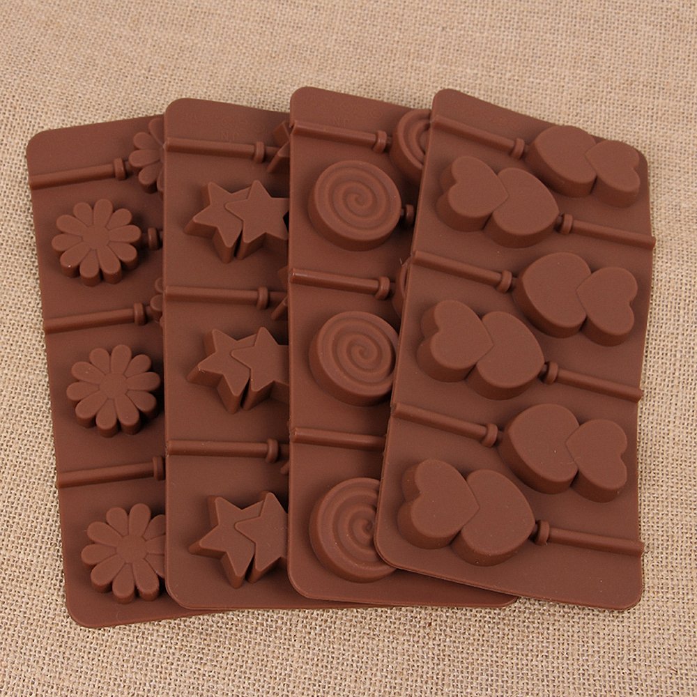 4-Pack Lollipop Silicone Mold Set - Moldfun Star Heart Spiral Daisy Flower Silicone Lolly Pop Tray For Hard Candy Chocolate Gumm