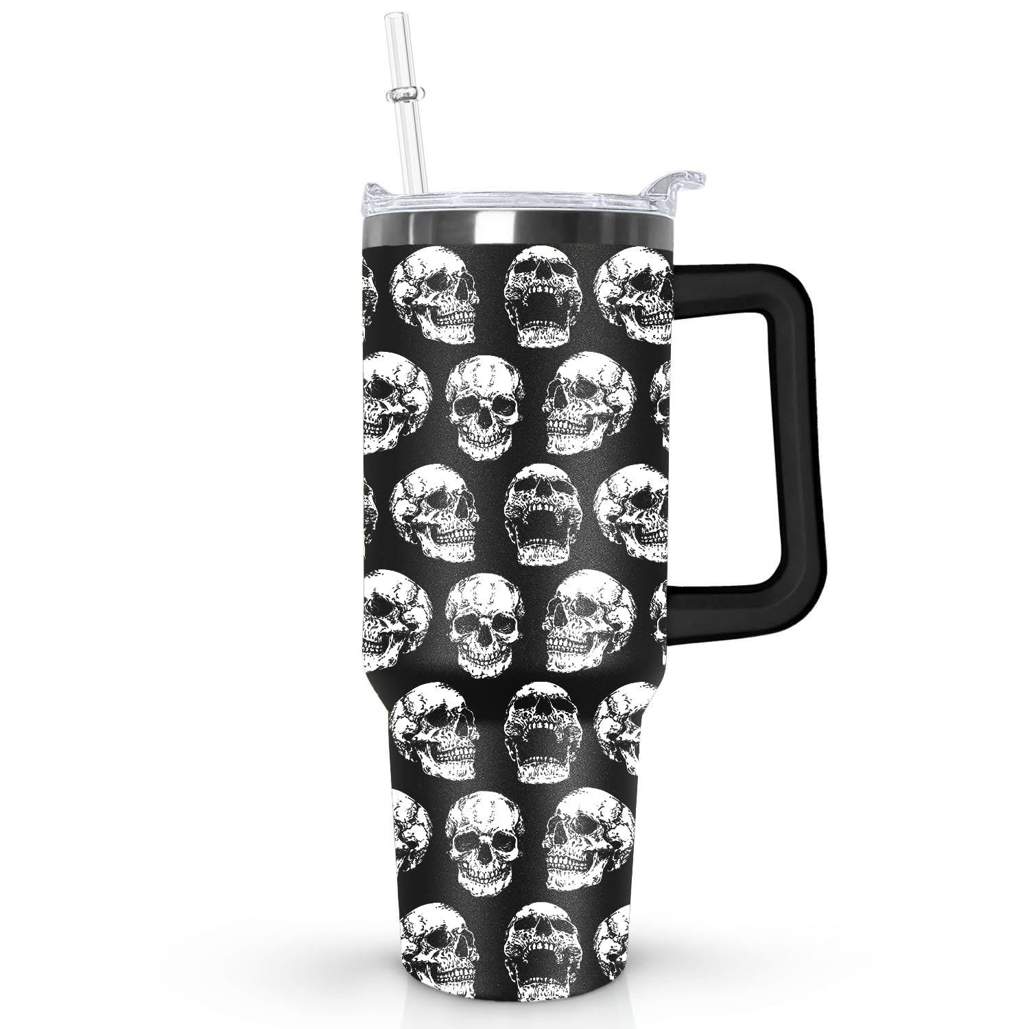 Ceovfoi Skull Tumbler with Handle, 40oz, Lid and Straw - Goth Halloween Decor for Women