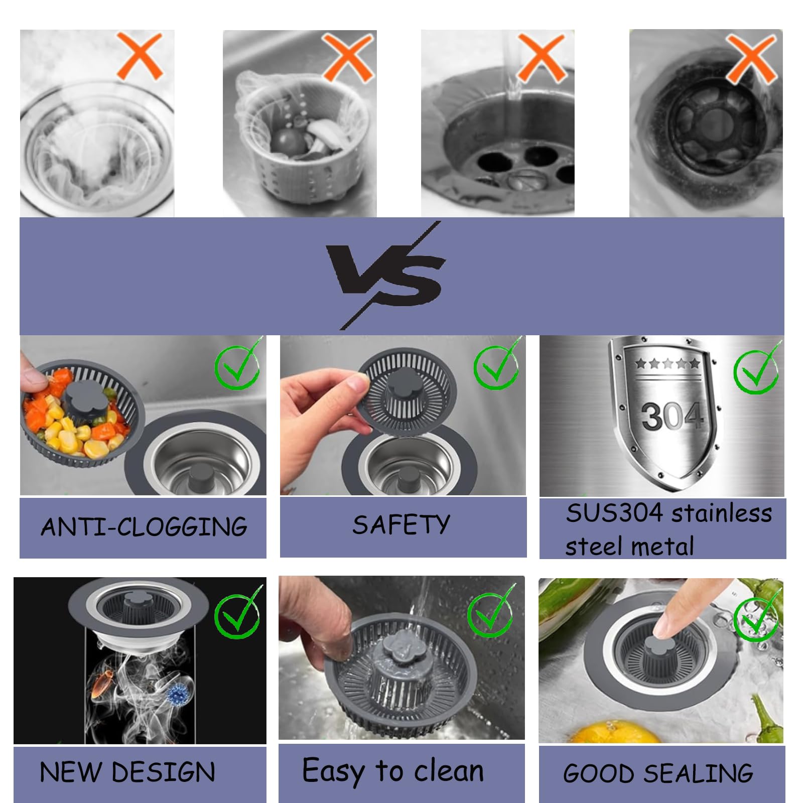 2024 New Upgraded 3 In 1 Kitchen Sink Drain Strainer And Stopper, Stainless Steel Sink Bounce Core Drain Strainer, Pop Up Anti-C