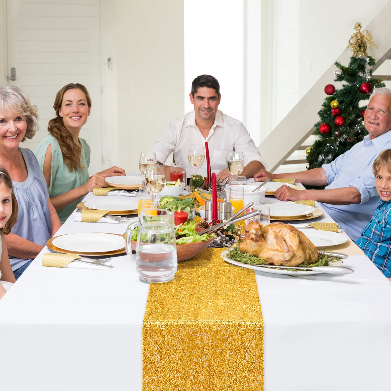 6 Pack Sequin Table Runner Gold, 12 X 108 Inch Glitter Gold Table Runner For Rectangle Table For Birthday, Wedding, Banquet, Hol