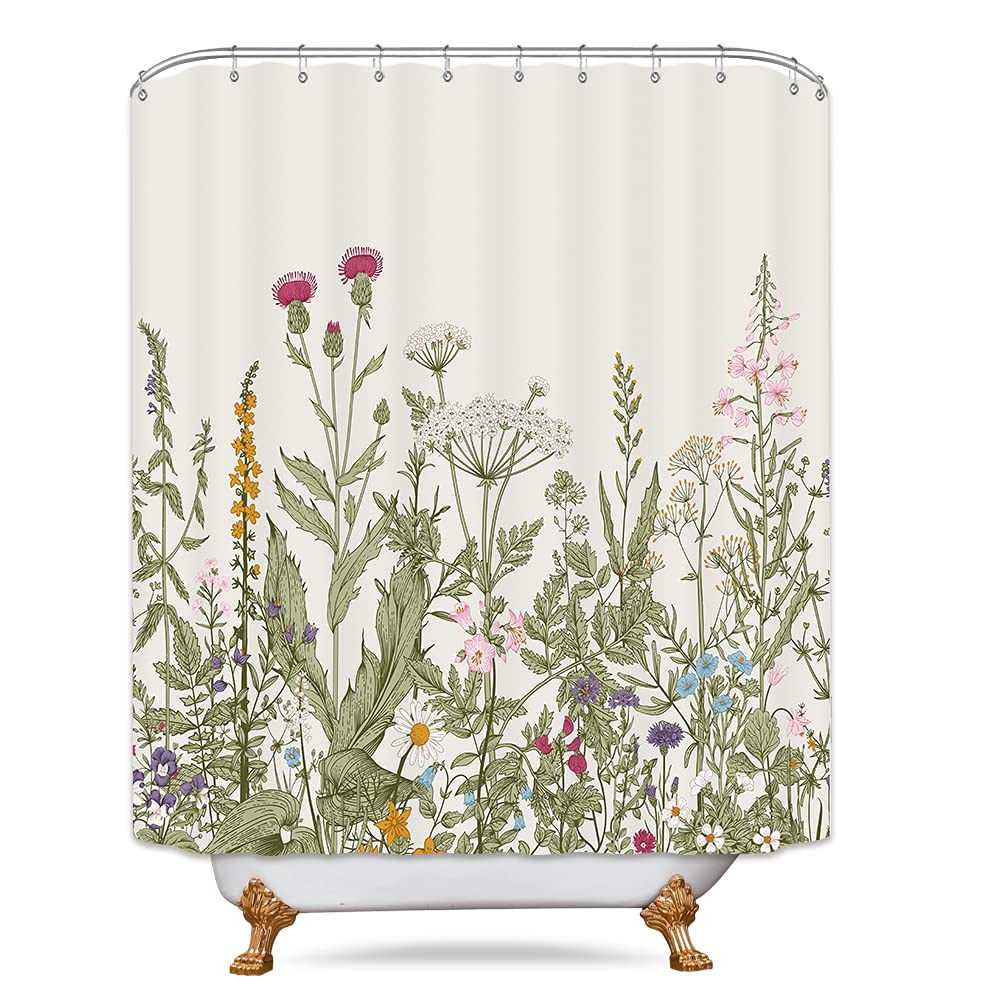 Riyidecor Fabric Wildflower Floral Flower Shower Curtain for Bathroom Decor 54Wx78H Inch Green Leaves Botanical Decorative Bath Set Plant Herbs Bathroom Accessories Polyester Waterproof 12 Pack Hooks