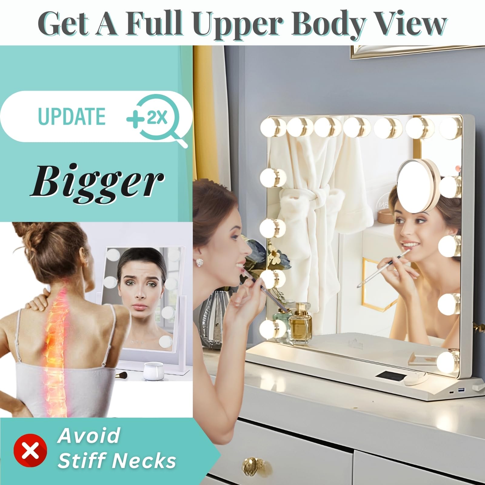 Luxfurni Vanity Mirror With Lights, Makeup Mirrors Hollywood Mirror With 15 Led Bulbs, 3 Colors Modes & Adjustable Brightness, 1