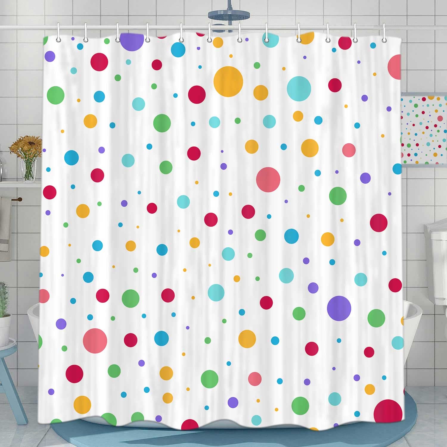 Kids Rainbow Shower Curtain For Bathroom, Colorful Geometric Cute Polka Dot Fabric Shower Curtains Set, White Modern Restroom De
