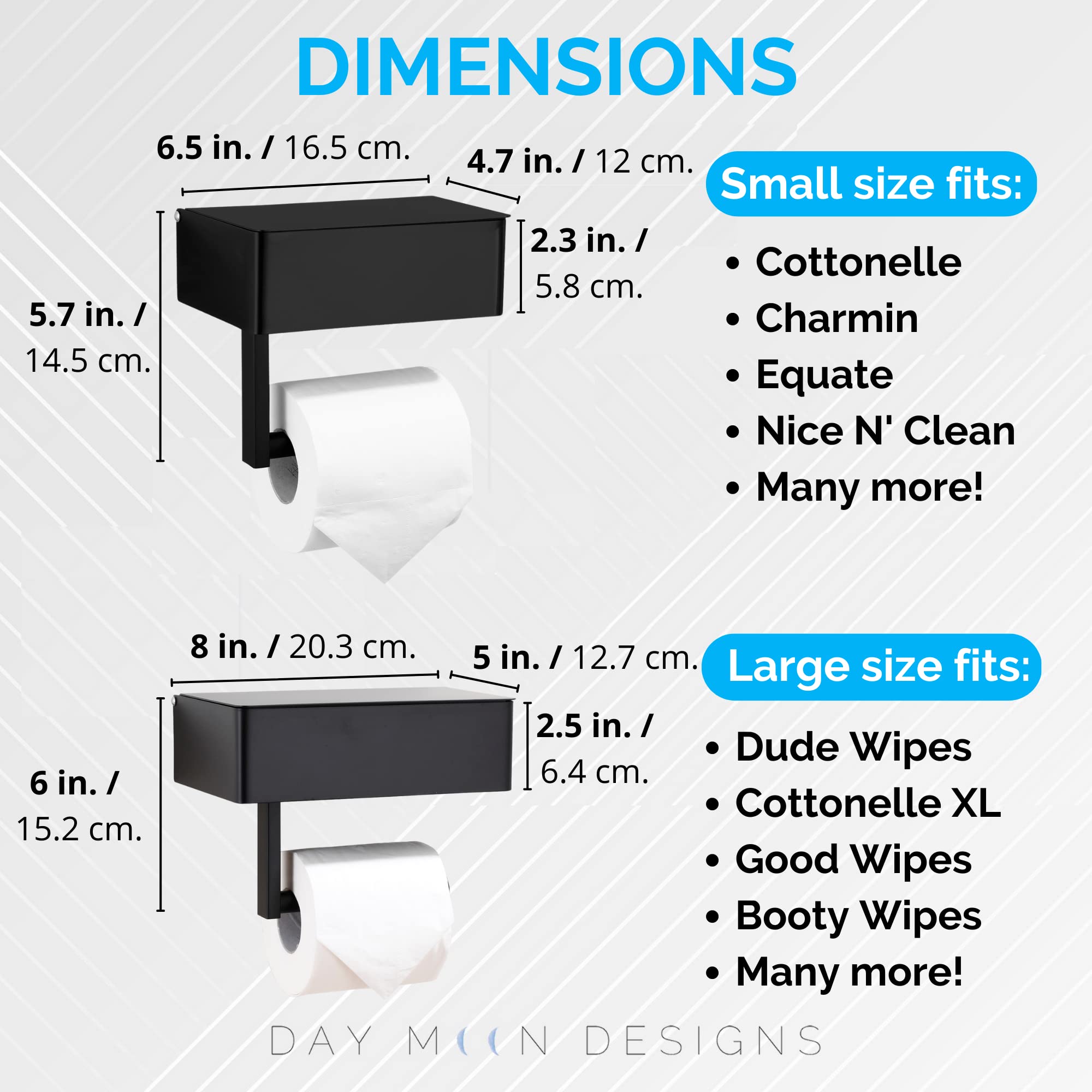 Day Moon Designs Toilet Paper Holder with Shelf - Flushable Wipes Dispenser & Storage Fits Any Bathroom  Keep Your Wet Wipes Hidden - Stainless Steel Wall Mount Bathroom Organizer - Matte Black  Large