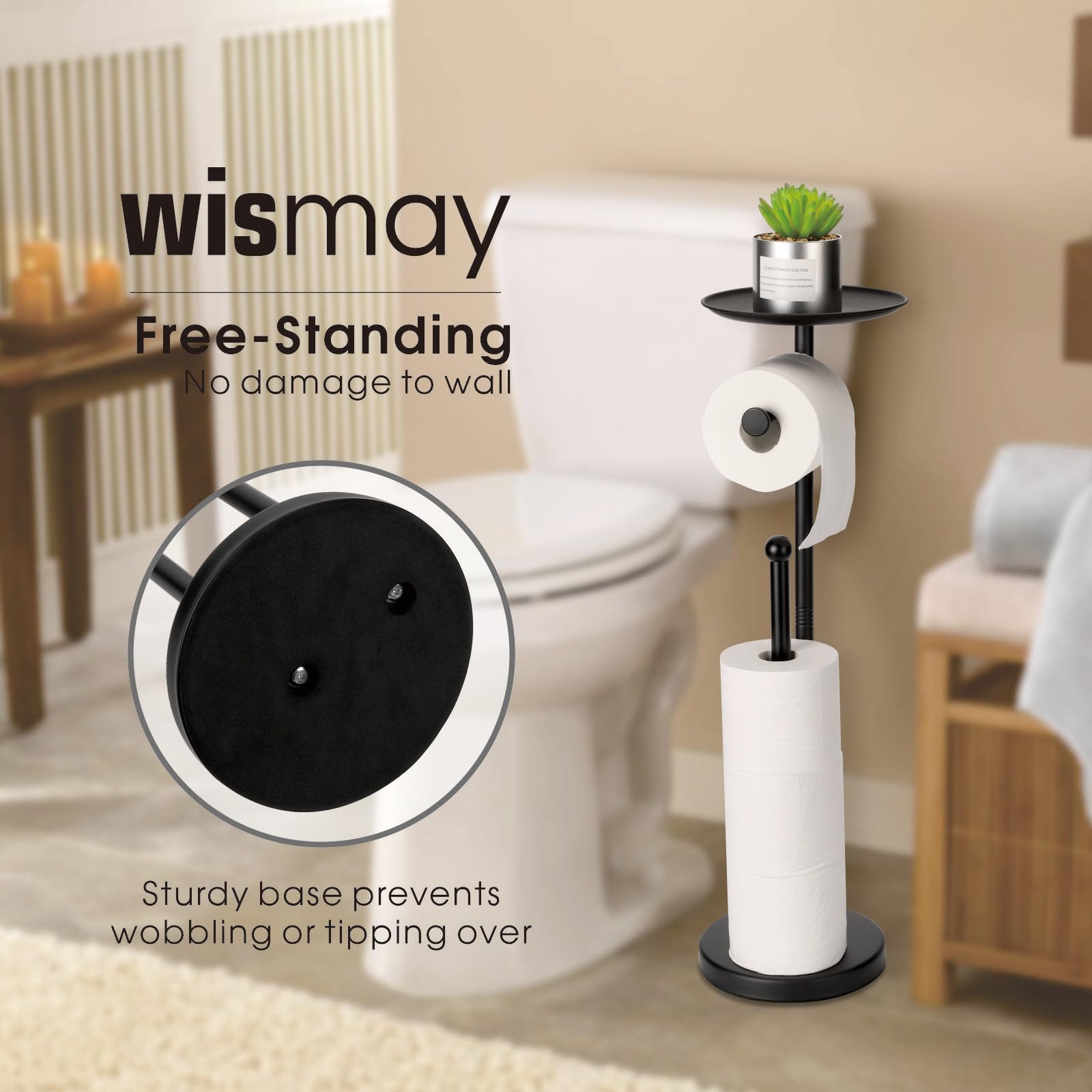 Standing Toilet Paper Holder With Phone Shelf, Holds 5 Rolls, Free Standing Tp Roll Holder For Bathroom, Practical Shelf On Top