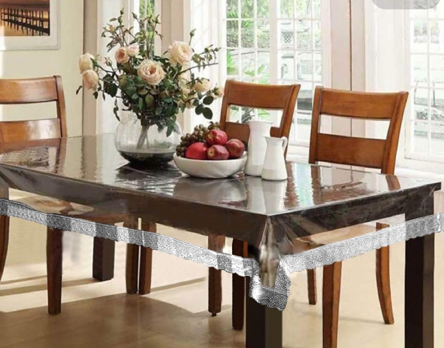 Kuber Industries PVC 6 Seater Transparent Dining Table Cover  Silver, Standard (CTCOMPST02)