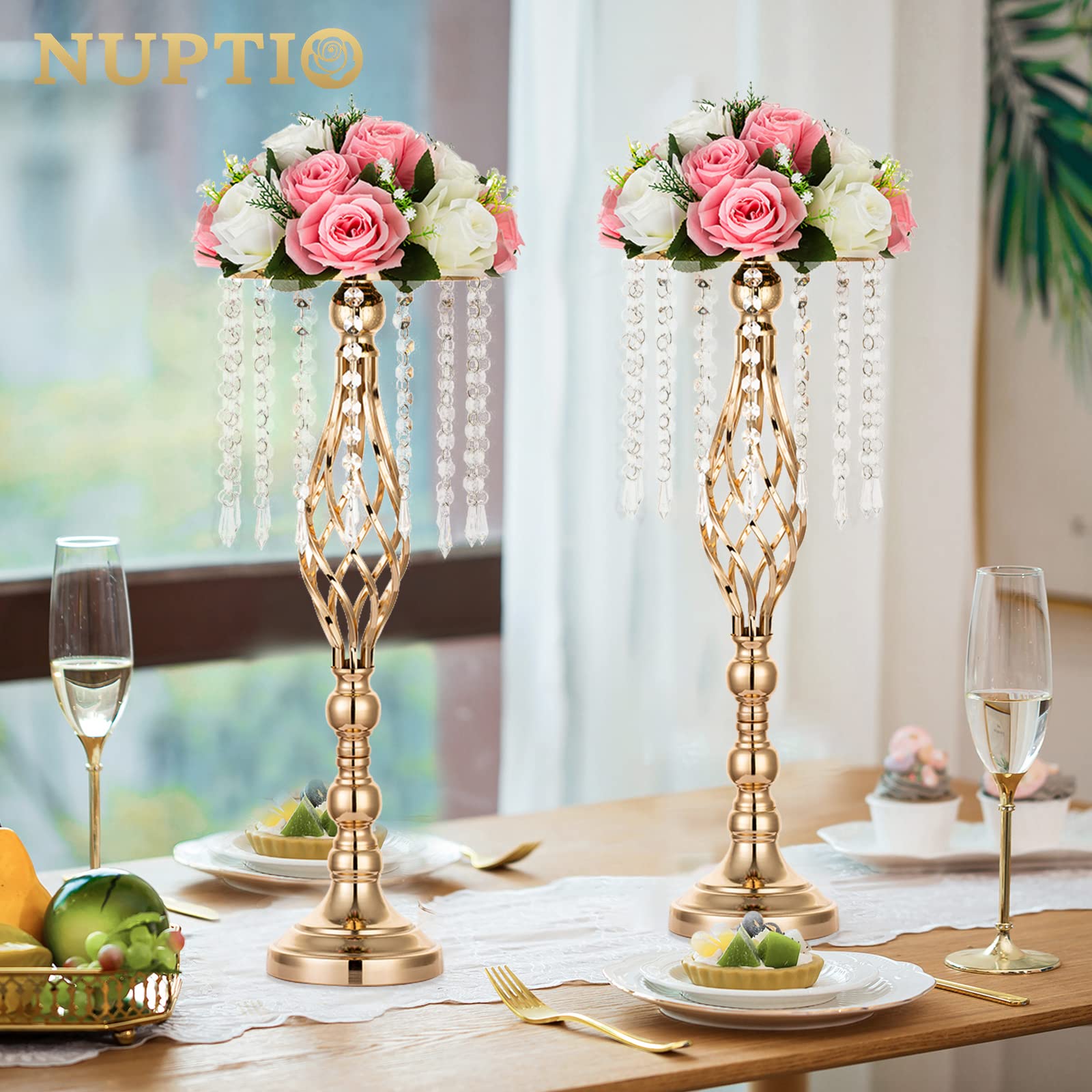 Nuptio 10 Pcs Crystal Flower Stand Wedding Centerpieces for Tables, 21.7in/55cm Tall Elegant Metal Flower Arrangement Stand, Tab