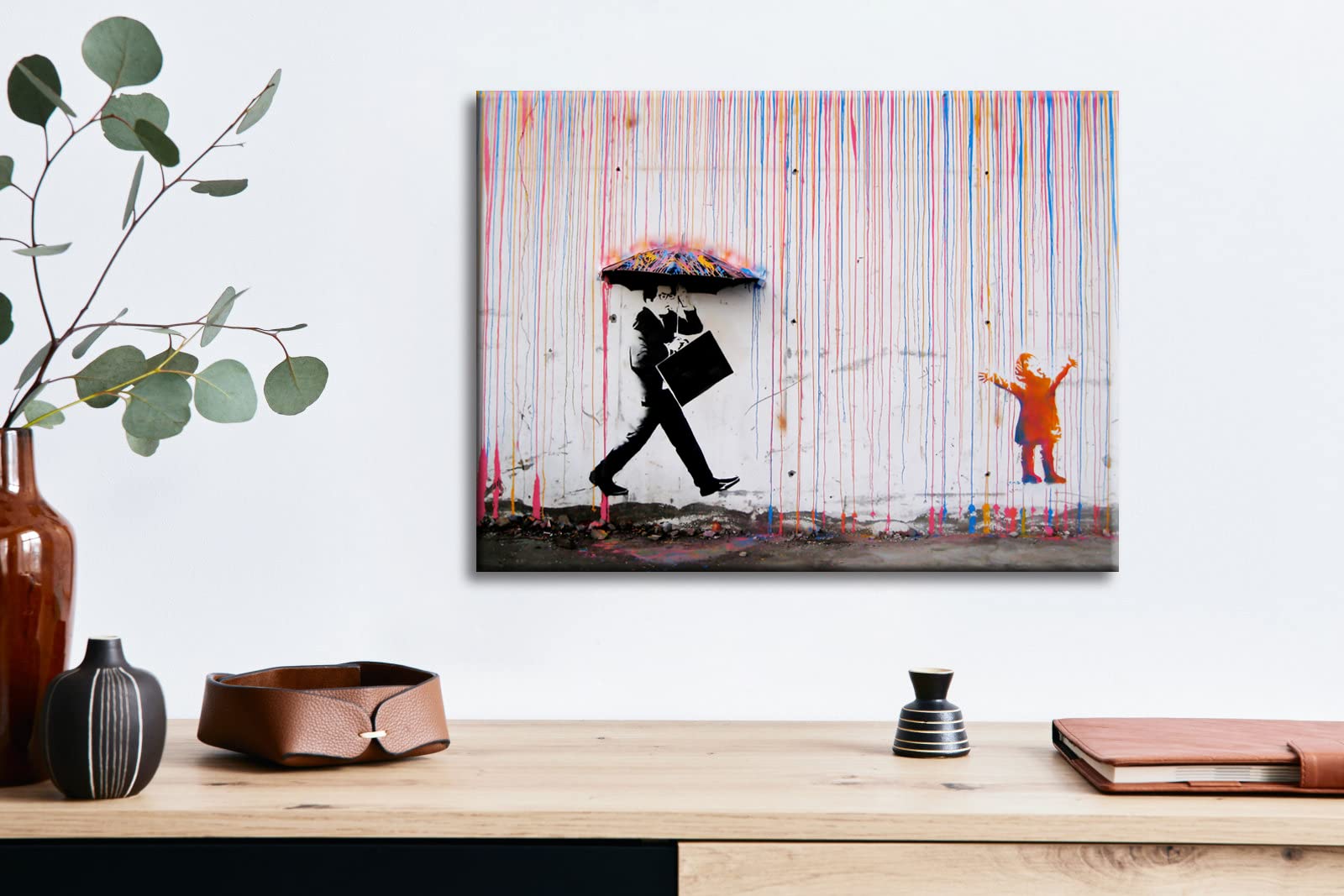 Wieco Art Banksy Raining Day Or Colorful Graffiti Street Famous Canvas Paintings Wall Art Modern Inspirational Grey Love Picture