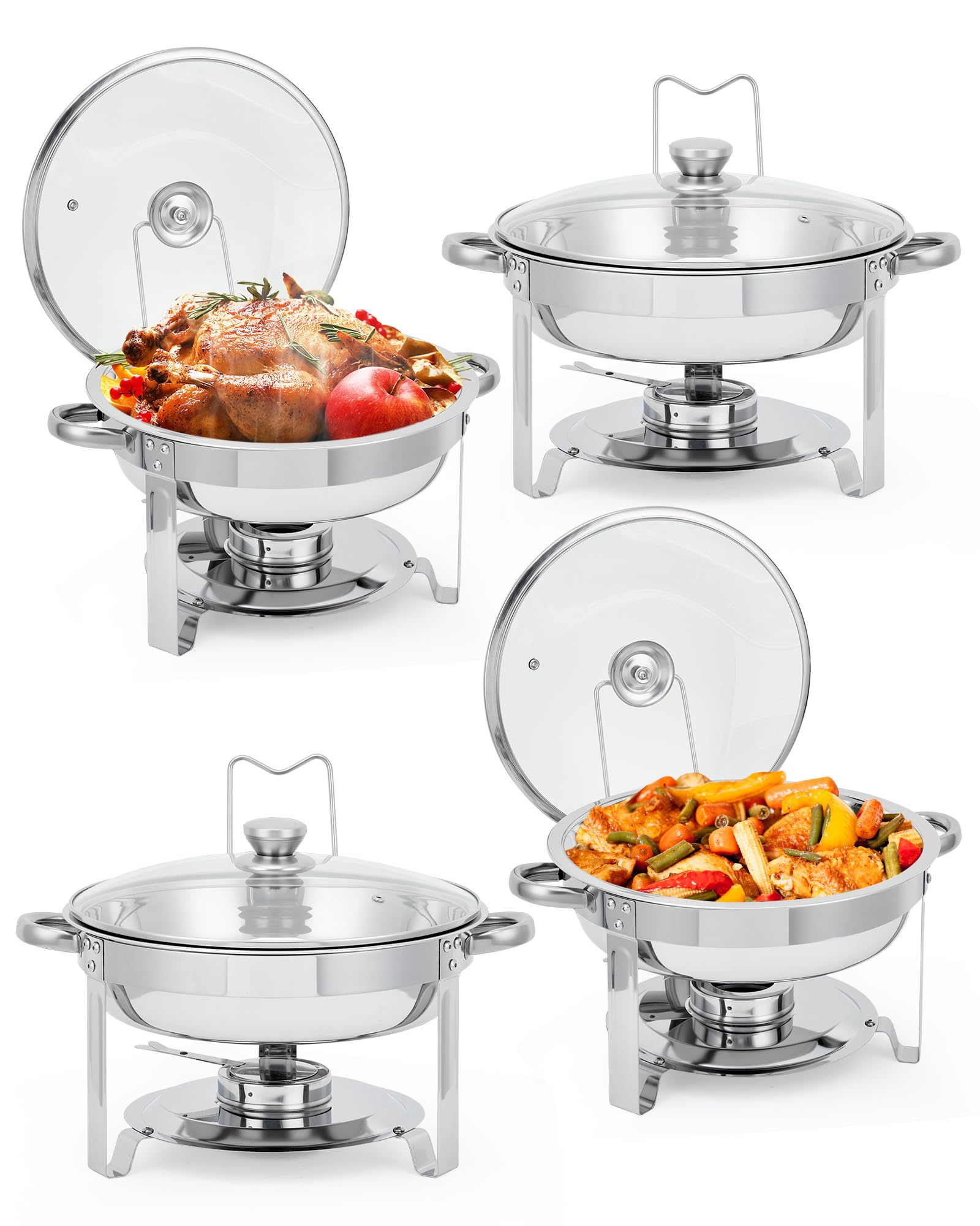 Garvee Chafing Dishes for Buffet Set of 4, 5 QT Round Buffet Servers and Food Warmer Set with Glass Lid, Holder & Drip Tray, Sta