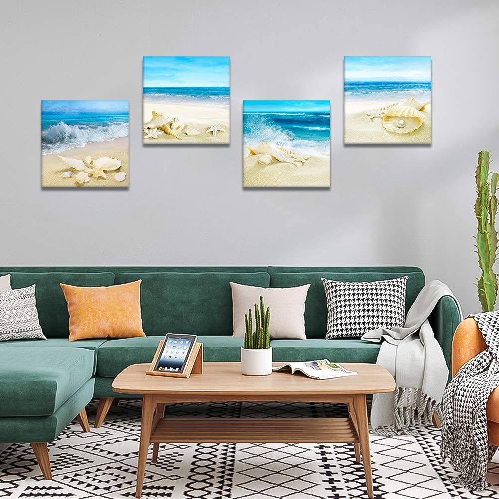 Artscope 4 Pieces Canvas Prints Wall Art - Beach Shells And Sea Picture Painting- Modern Wall Artwork Framed For Bathroom Home O