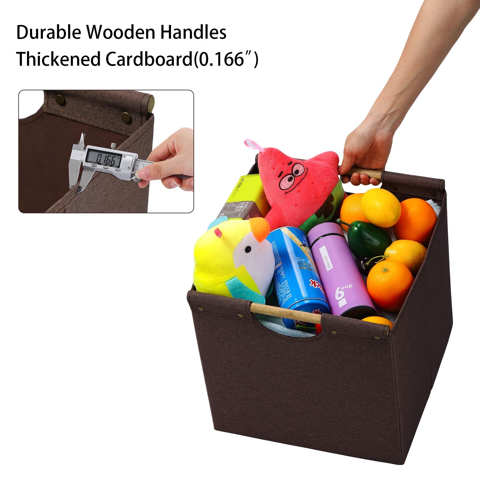 Hoonex Collapsible Storage Bins, 13X13X13 Inches Storage Cubes Linen Fabric, 3 Pack, Storage Baskets With Wooden Carry Handles A
