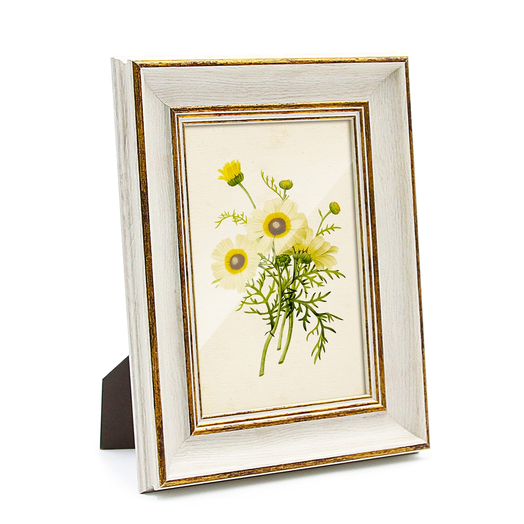 Sapowerntus Vintage 4x6 Picture Frame White Distressed Gold Edging Photo Frames Set Antique Farmhouse Real Glass Wall Hanging Ta