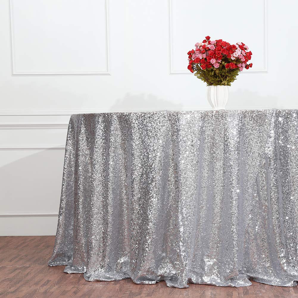 Eternal Beauty Round Silver 70'' Sequin Tablecloth- Sparkly Sequin Overlay For Wedding Party/Dessert Table/Christmas Decoration(