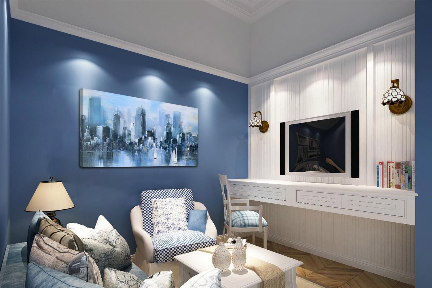 Acocifi New York City Canvas Wall Art Abstract Cityscape Brooklyn Bridge Painting  Skyline Picture Sailboat Blue Print Textured Artwork Framed for Living Room Bedroom Kitchen Office Home Decor 60''x30''