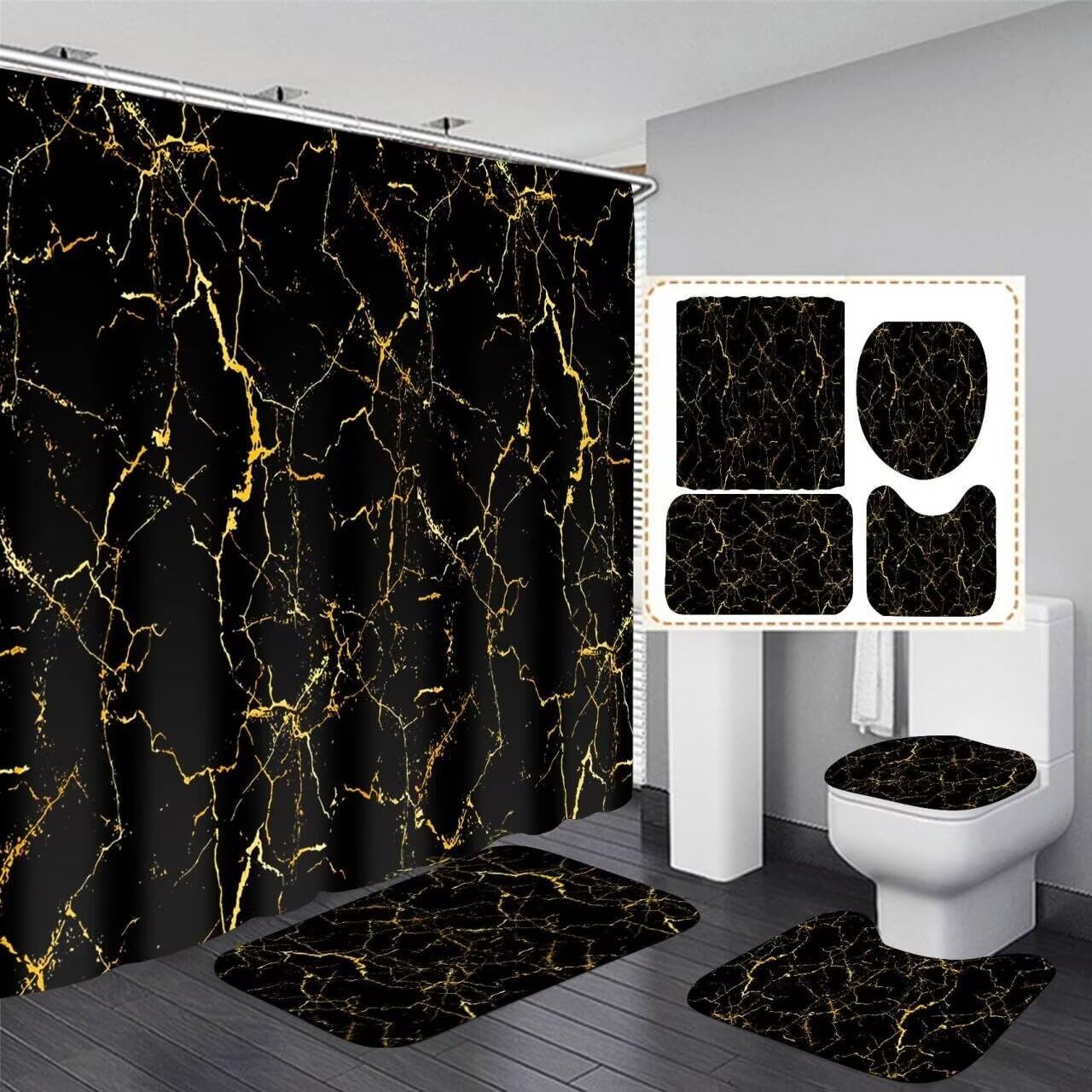 Azhm 4Pcs Shower Curtain Sets Black And Gold Marble Bathroom Sets With Shower Curtain And Rugs And Accessories Luxury Bathroom C