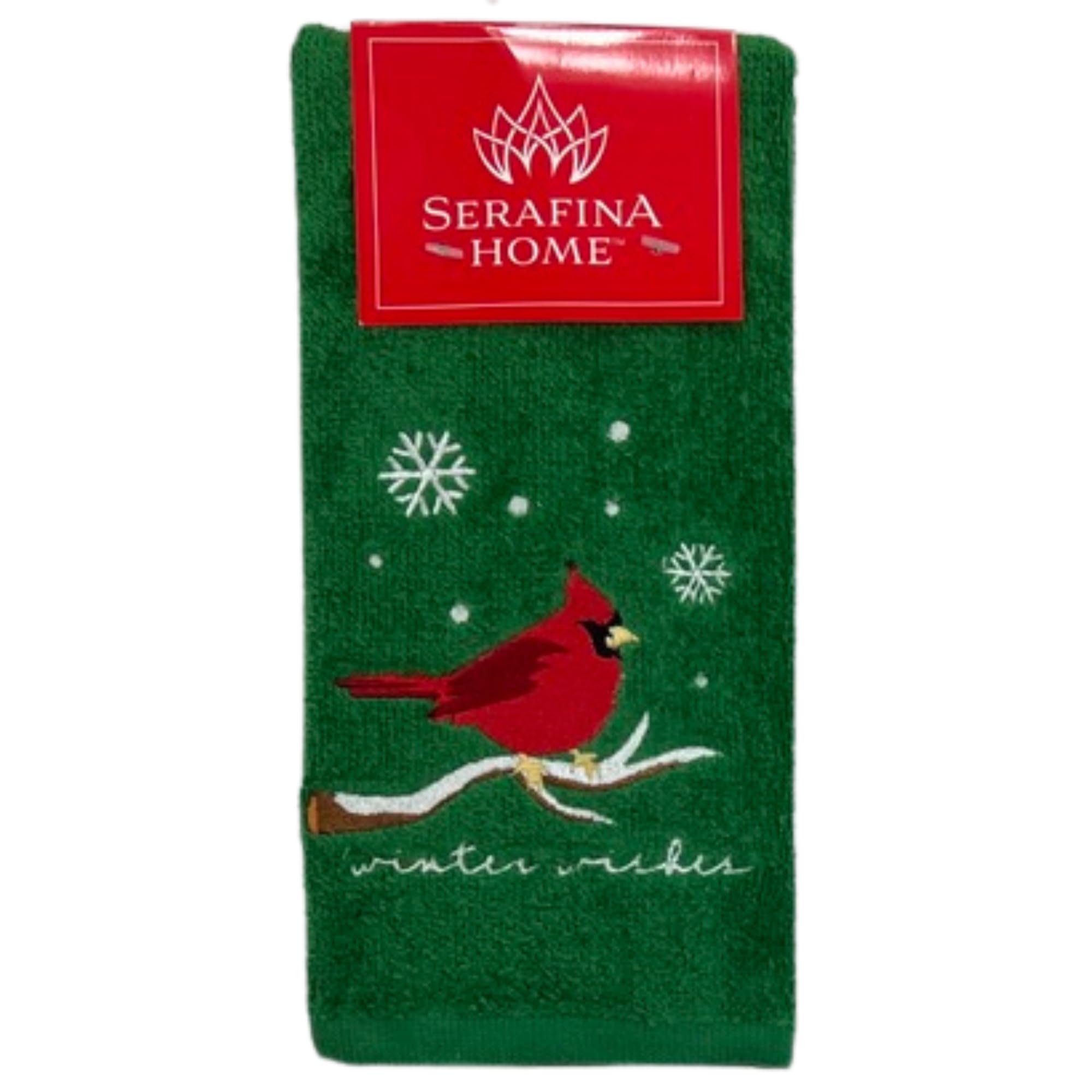 Green Christmas Fingertip Bath Towels, Embroidered Red Cardinal On Branch, 2 Piece Set, 12 X 18 Inches, 100% Luxury Cotton, Fest