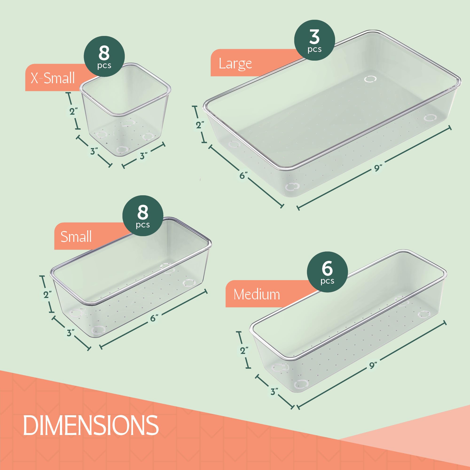 Ruboxa Clear Drawer Organizer, [25 PCS] Plastic Organizers for Home Organization and Storage, Including 4 Sizes Small Bins, Non-