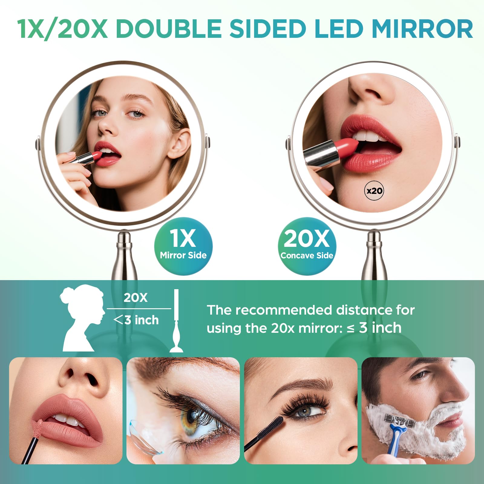 DASLAVA 20x Magnifying Mirror with Light, Lighted Makeup Mirror with 3 Color Modes and Adjustable Brightness, Side Charging Port