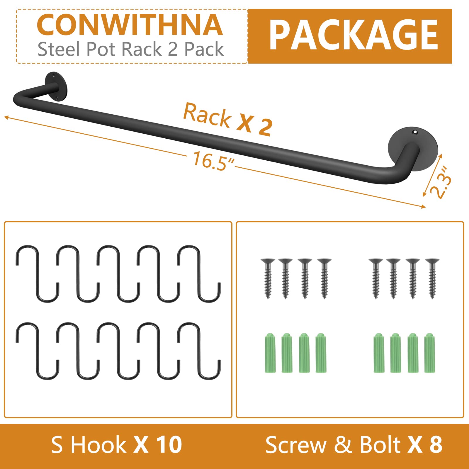Black Steel-Made Kitchen Utensil Rack Organizer Wall-Mounted Pot Pan Wall Hanger Holder For Hanging Rail With 10 S Hooks