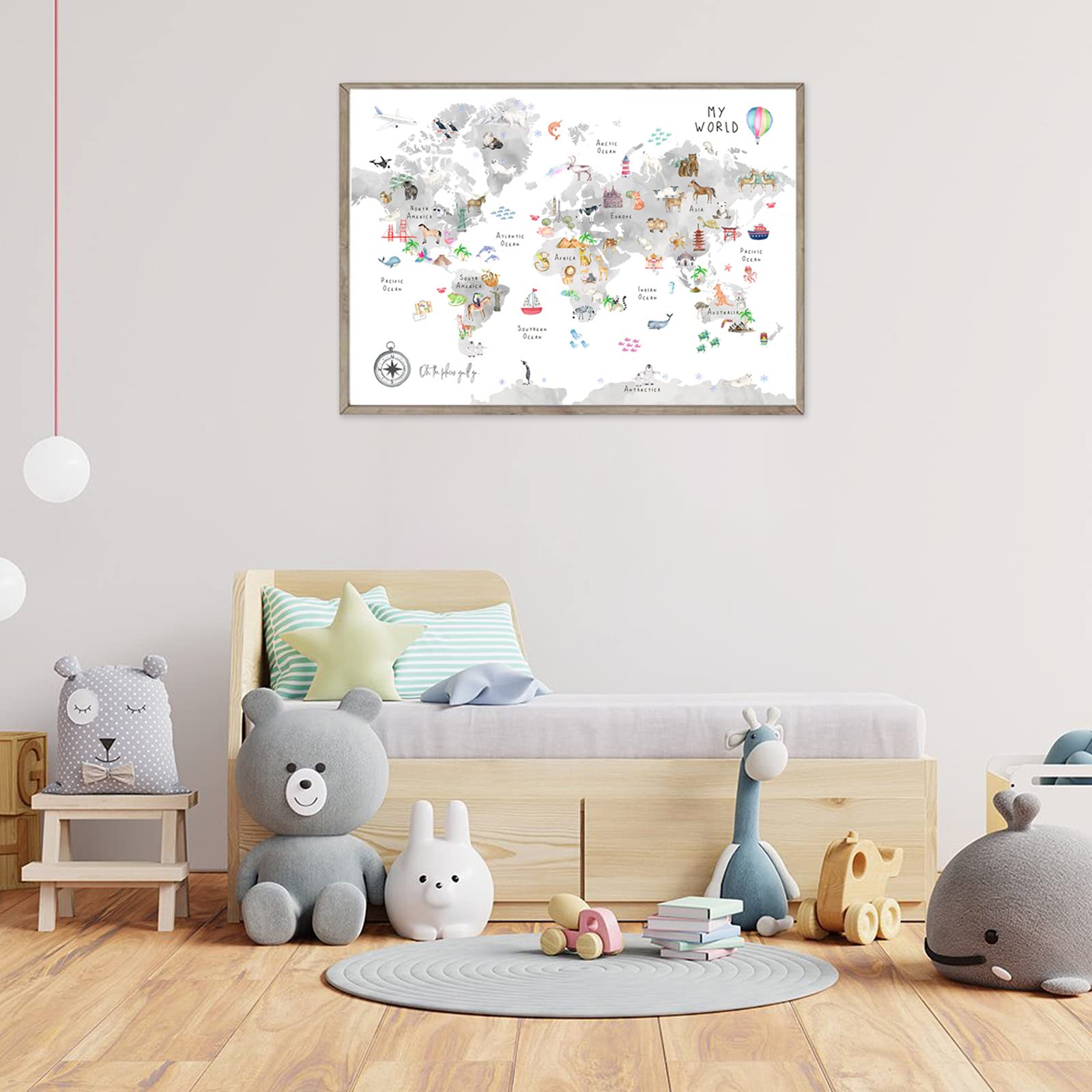 Joocrise Grey Kids World Map Wall Art Animal Map Canvas Wall Art Educational Wall Art Nursery Wall Decor World Map Poster Playro