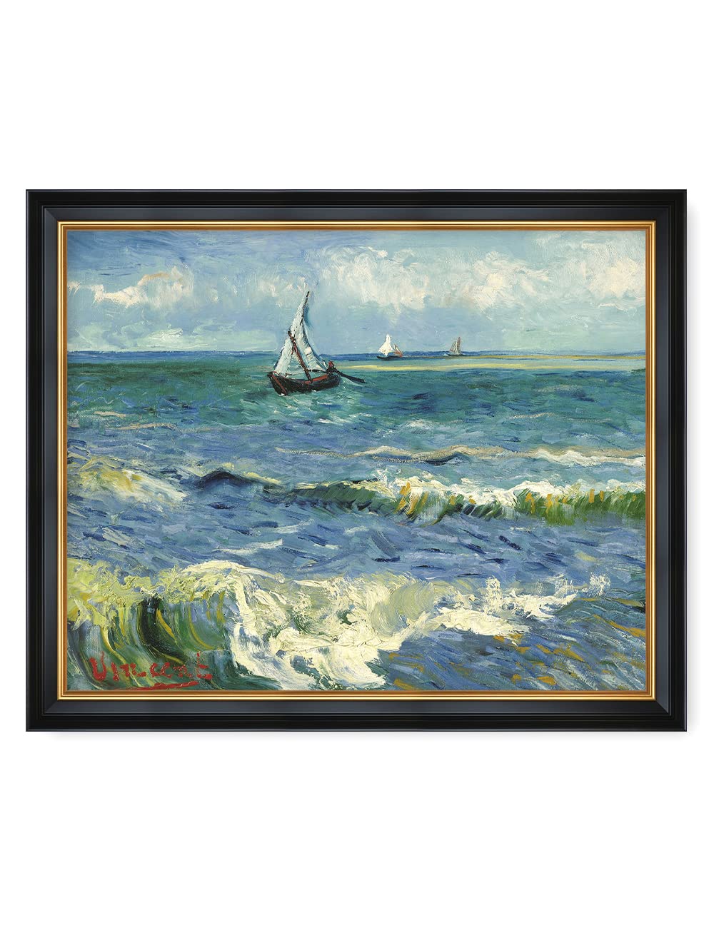 Decorarts - The Sea At Les Saintes-Maries-De-La-Mer By Vincent Van Gogh. Giclee Print Art Reproduction With Matching Solid Wood
