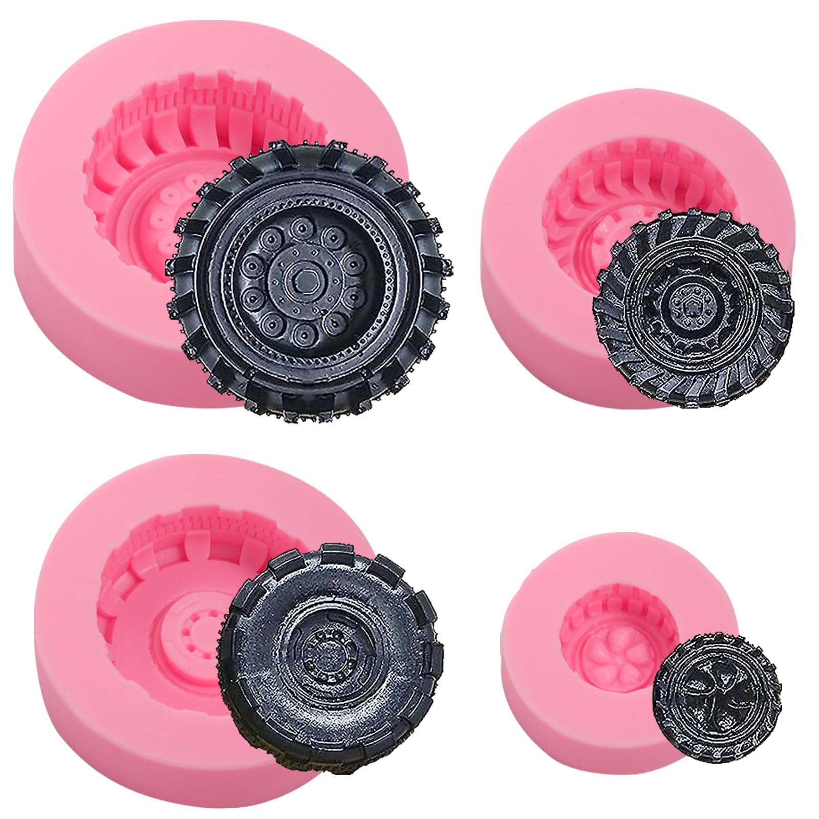 3D Round Tire Fondant Mold, Truck Wheel Chocolate Silicone Molds 4 Pcs, For Cake Decoration, Sugar Process, Marzipan, Jelly, Pud