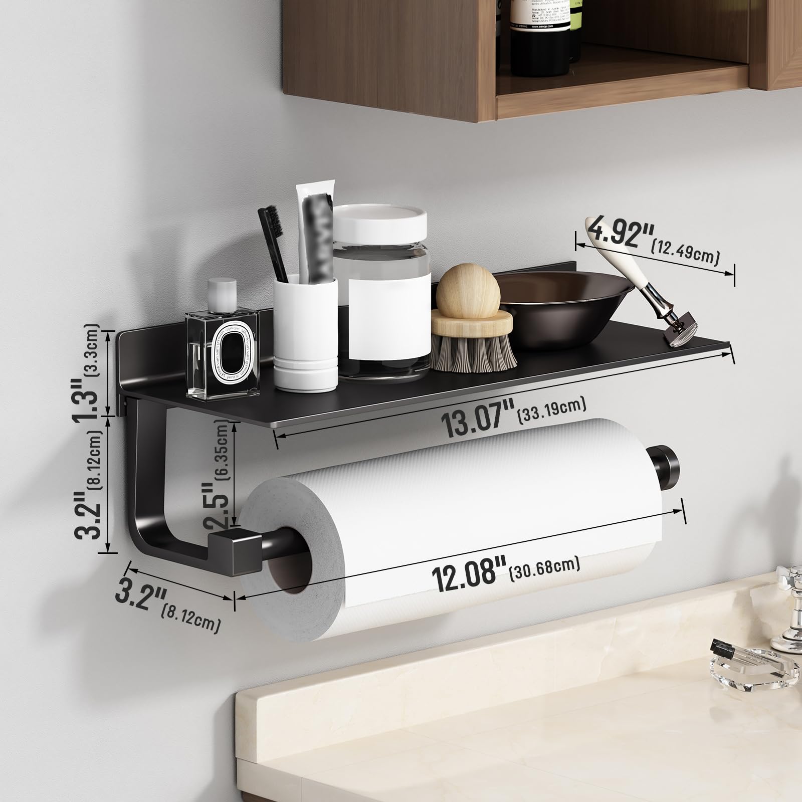 Danpoo Wall Mount Paper Towel Holder With Shelf For Bathroom/Kitchen, Adhesive Hand Towel Holder, Matte Black
