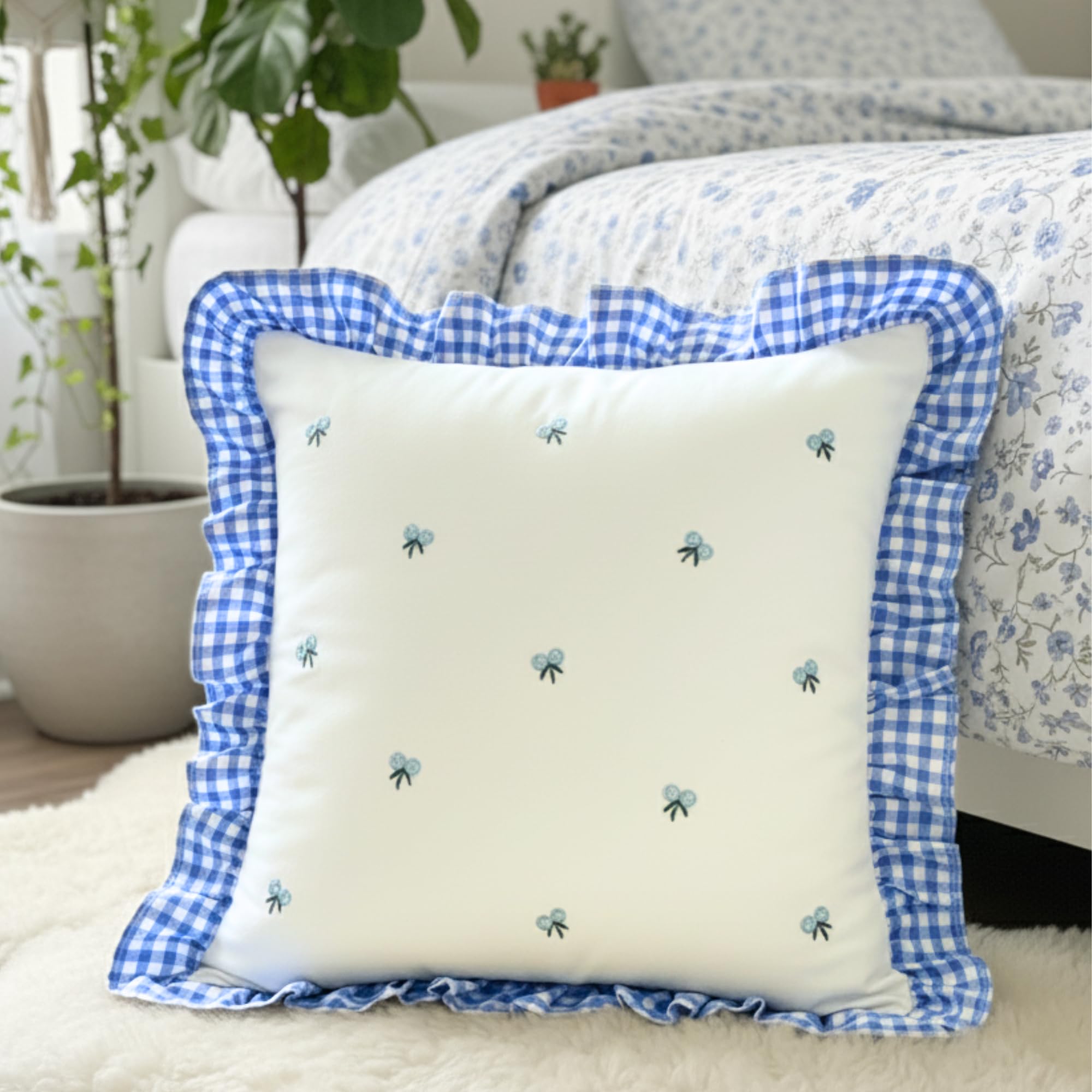 Sleepy Threads Blue & White Cotton Cushion Cover | 16 X 16 Inch/ 40 X 40 Cm | Square Floral Embroidered With Ruffle Frill Edging