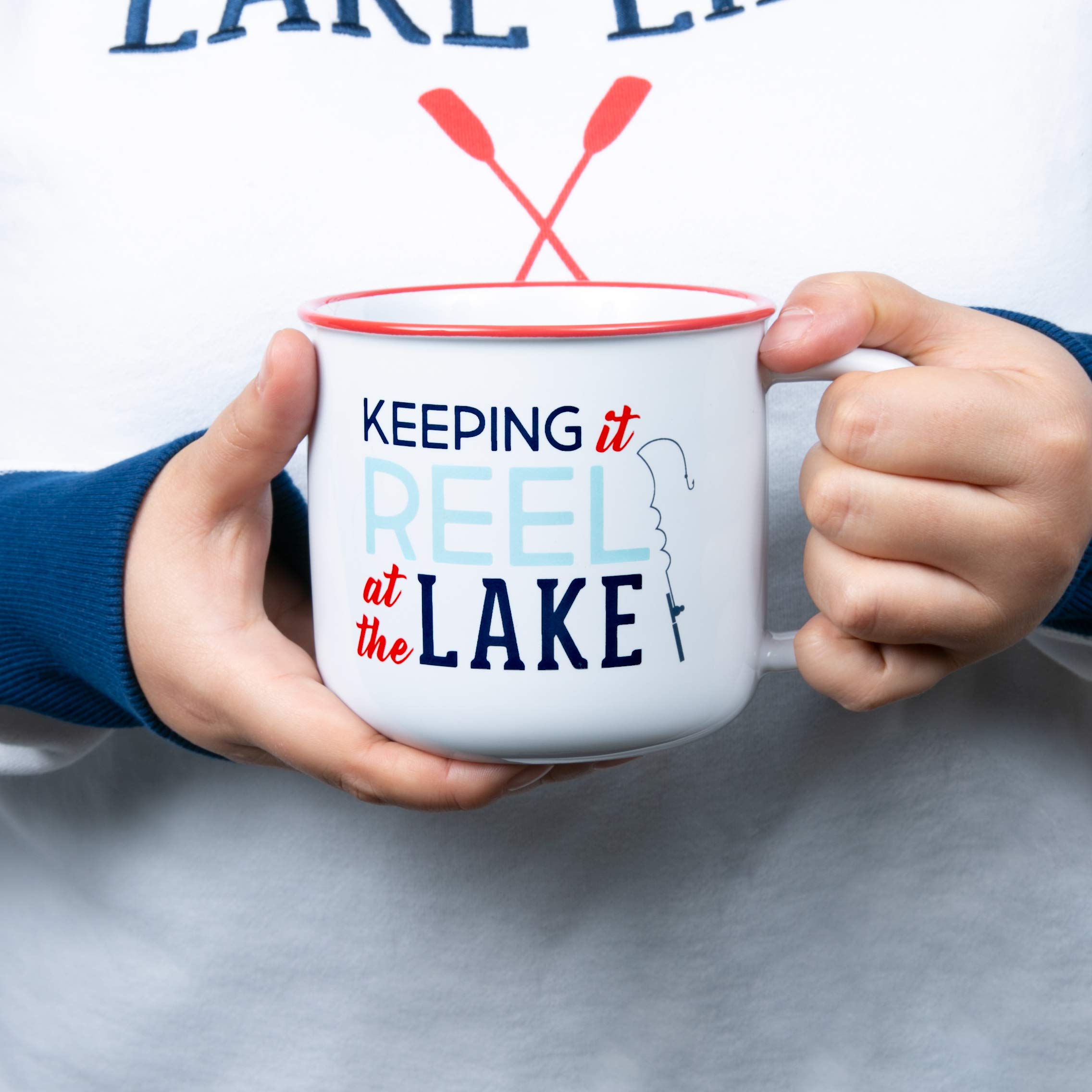 Pavilion Gift Company Large 17 Oz Stoneware Coffee Cup Mug Keeping It Reel At The Lake, Blue
