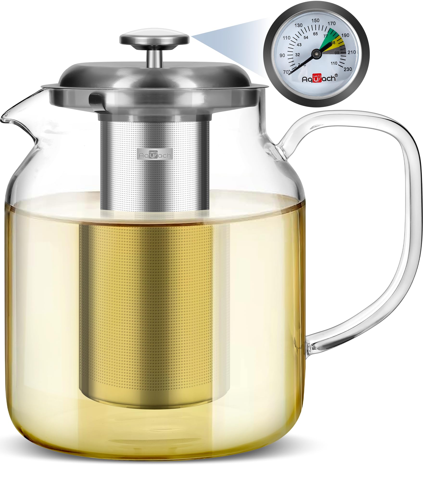 Aquach 68oz Glass Teapot with Built-in Thermometer, Stovetop & Dishwasher Safe, Borosilicate Carafe and Stainless Steel Removabl