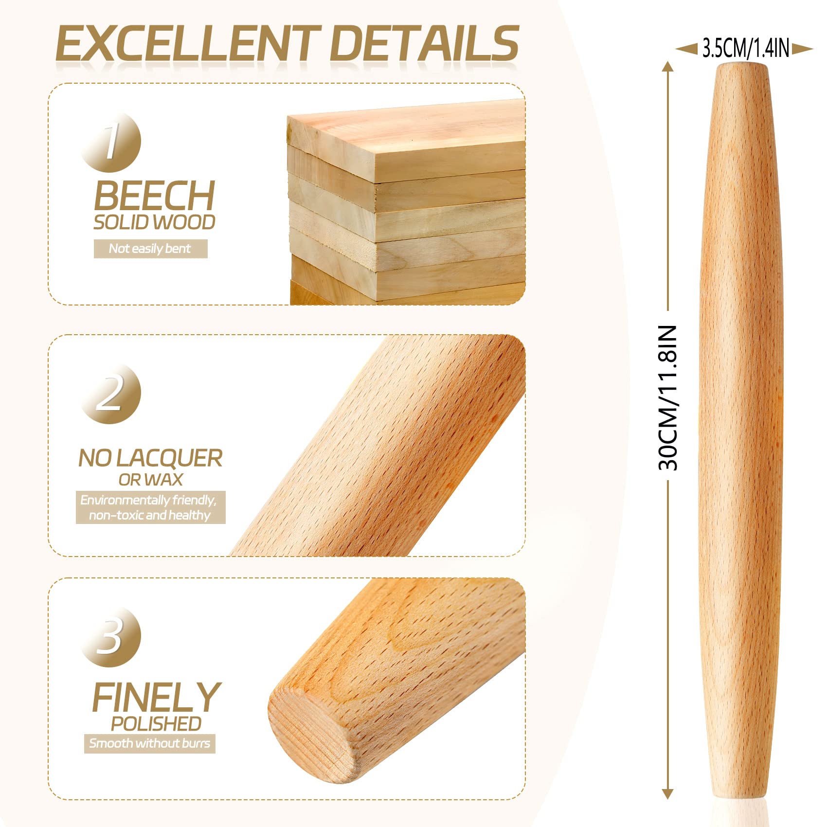 Classic French Rolling Pin For Baking - Beech Wood Tapered Rolling Pin Dough Roller For Pizza Dough, Pie Crust Cookie Fondant Du